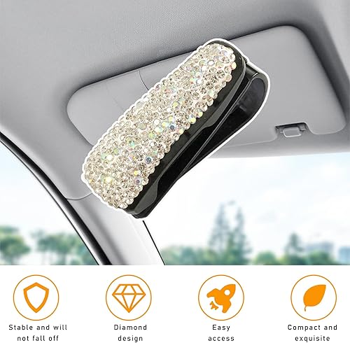Miniatura 4 de Ziciner 2 soportes para lentes para visera solar de automóvil, diamantes de imitación de cristal brillantes con clip para tarjeta de boleto,