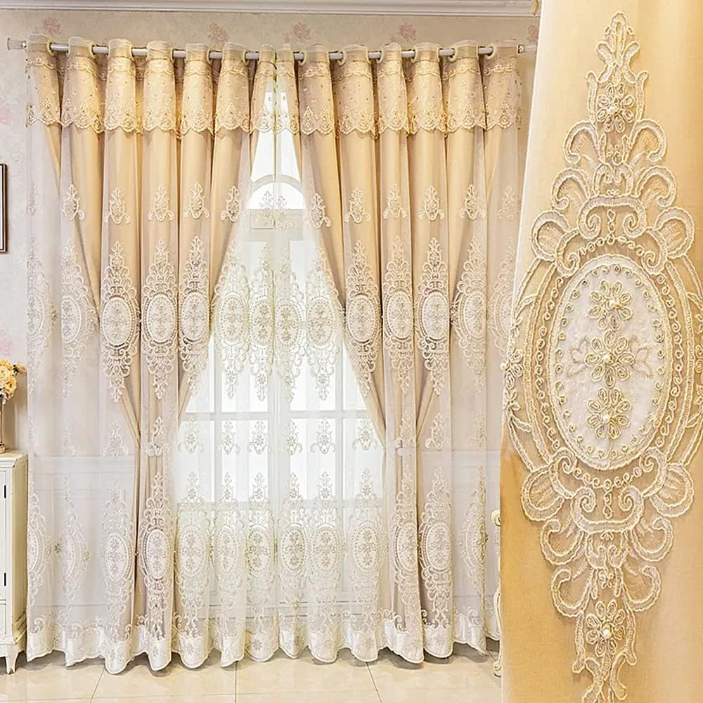 Amidoudou 1 Pair European Double Layer Curtains with Valances for Living Room Bedroom Luxury 3D Flower Embroidered Curtains (Yellow,52x84 Inch)
