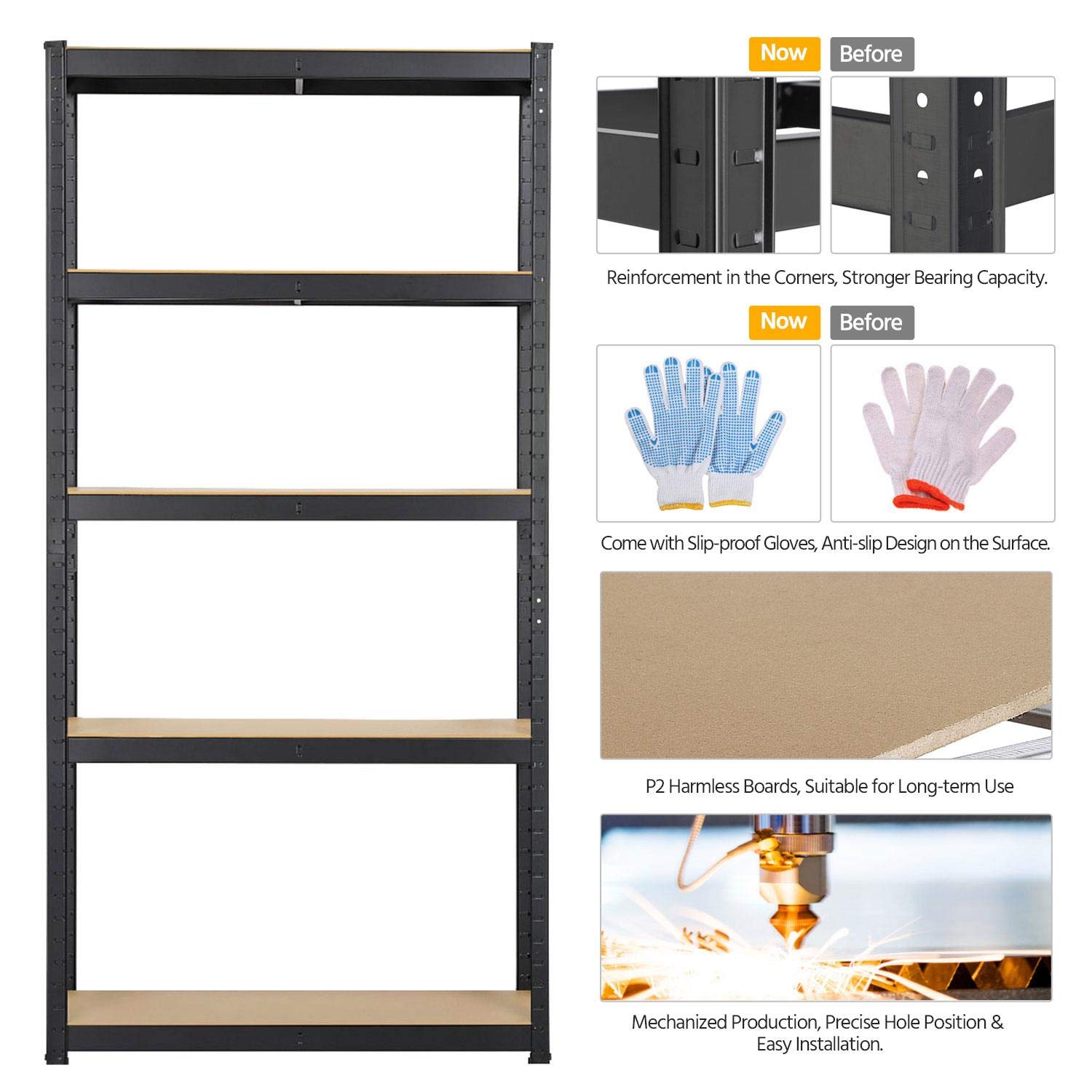 Yaheetech Lot de 2 Étagères de Garage Capacité 875 kg 90 x 30 x 180 cm Noir | Meuble de Rangement Planches Réglables à 5 Niveaux, Charge Lourde, Style Industriel, Pour Atelier Cuisine Salon