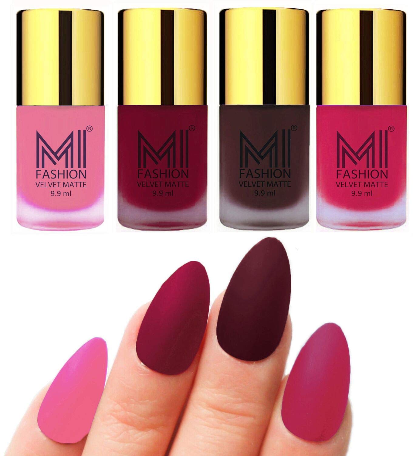 MI FASHION Velvet Matte Nail Paint Combo Sets Non-Stop, Rain Or Waterproof 9.9ml Baby Pink, Mauve, Wine, Pink (Pack Of-4)