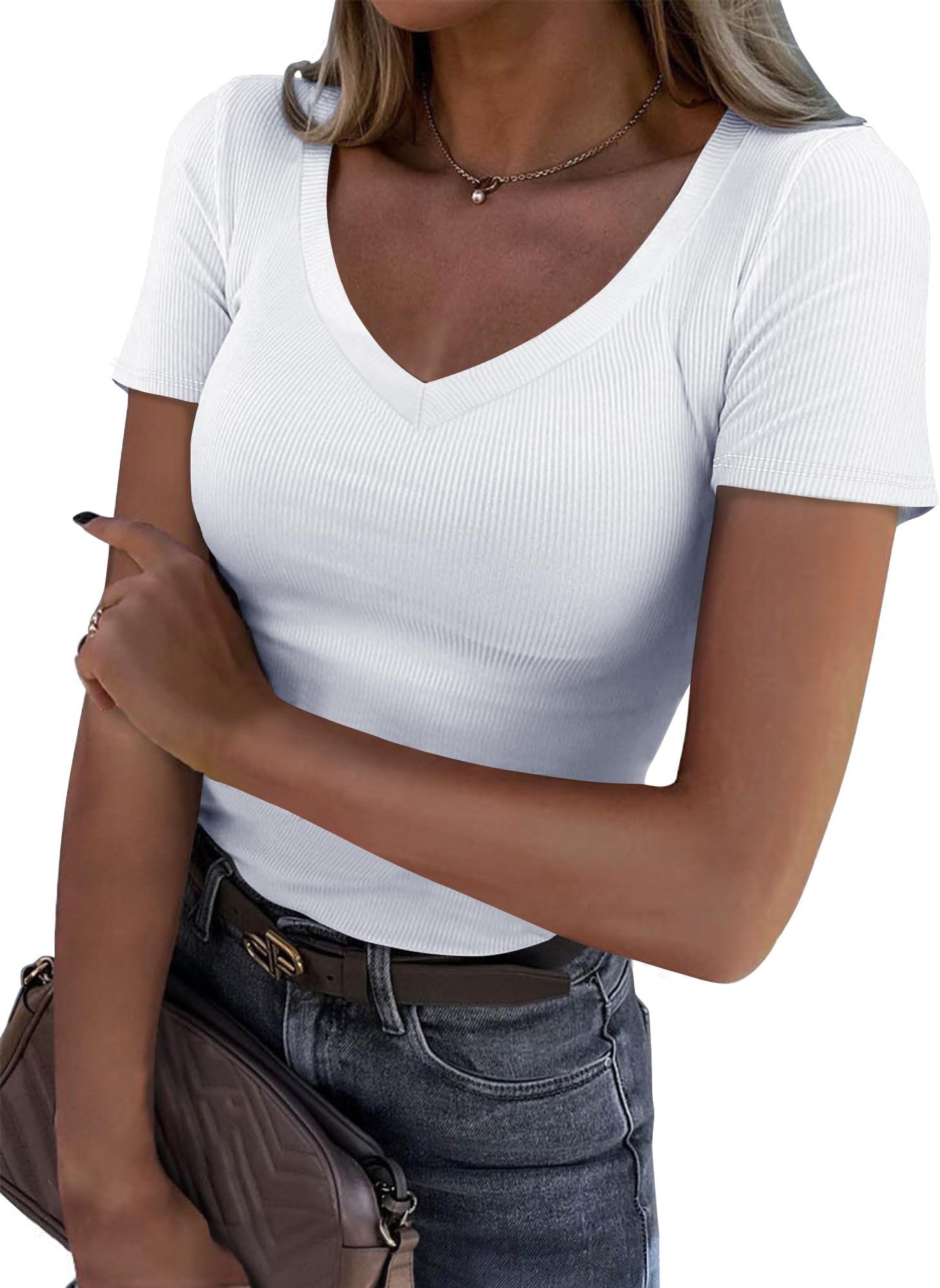 RoseluxWomen V Neck Ribbed Fitted Tight Tshirt Short Sleeve Shirt Basic Knit Top