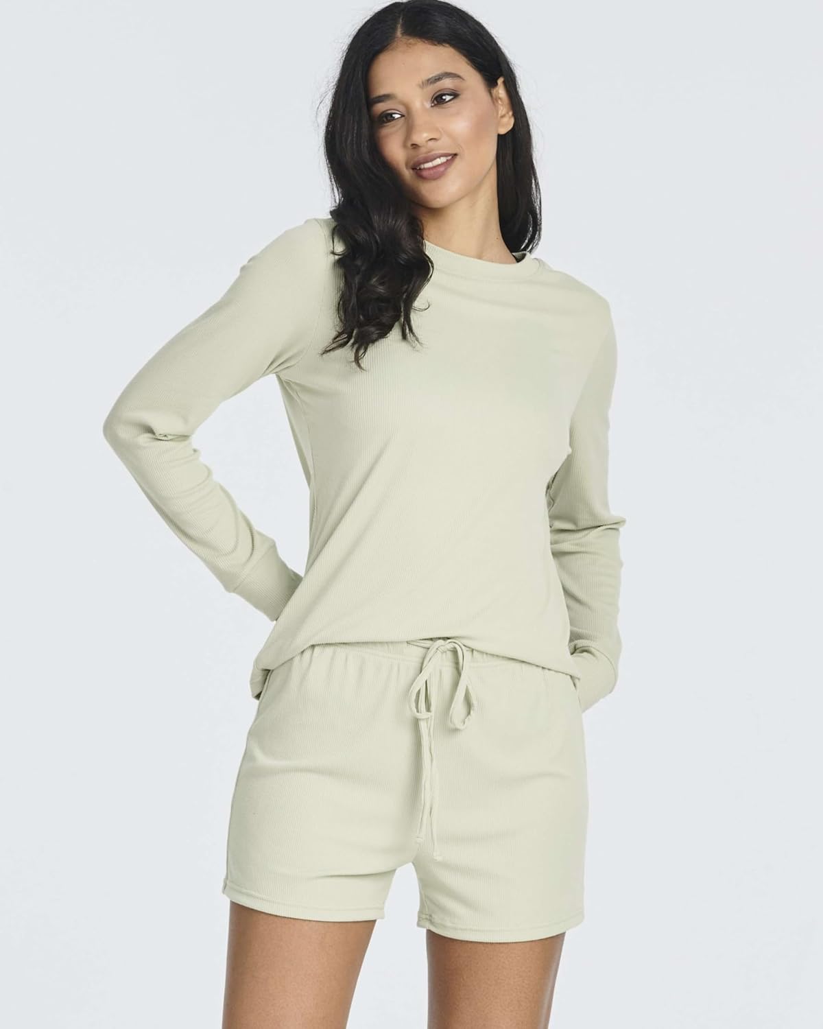 Real Essentials 2 Pack: Women's Ribbed Knit Long Sleeve Top and Shorts Pullover Lounge Pajama Set (Available In Plus Size) - Image 6