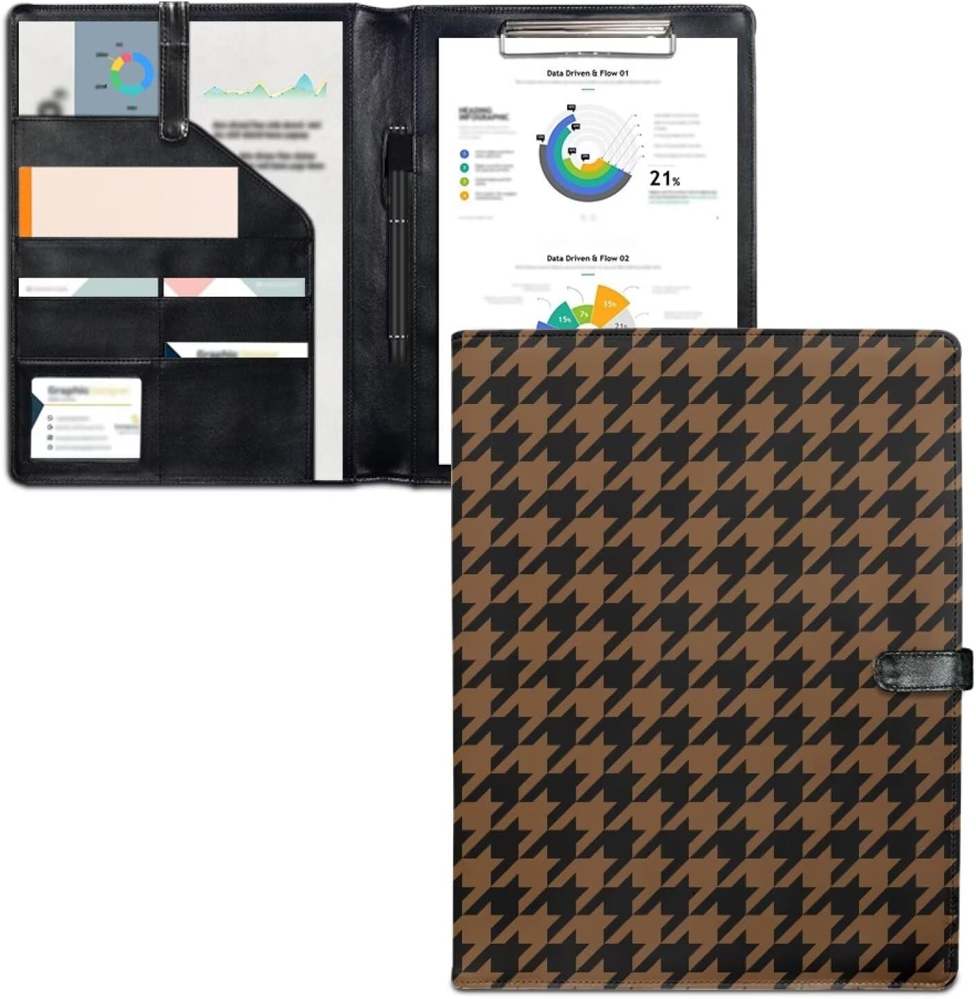 Houndstooth Print Black Brown Portfolio Binder for Men & Women, 12.6x9.8x0.6 in, Lightweight PU Leather Organizer with Writing Pad, Document Storage & Button Closure for Business Use