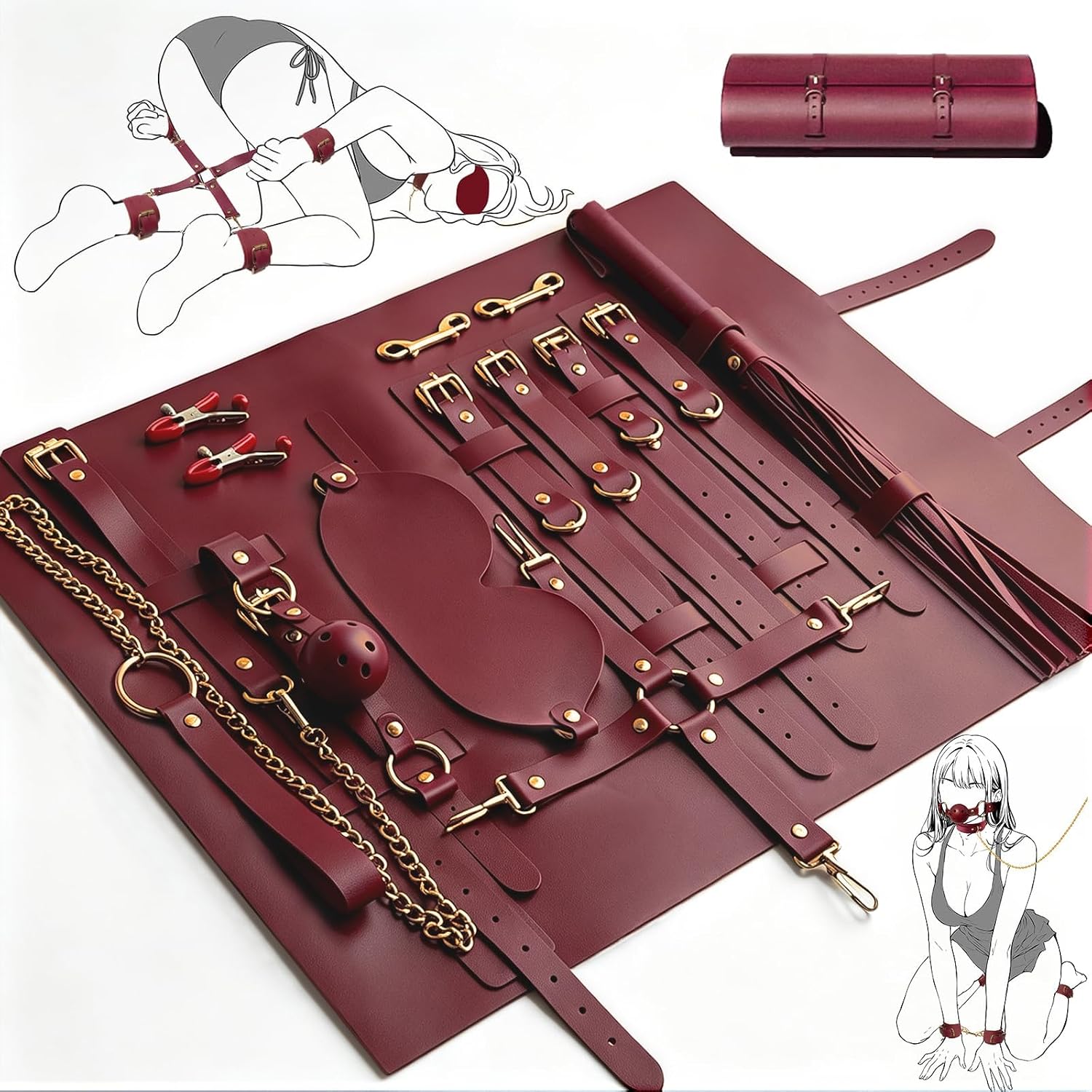 14 PCS BDSM Bondage Kit for Couples Bondage Restraints Set with Bondage Sex Toys Rope Handcuffs Ankle Cuffs Leather Collar Leash Blindfold Ball Gag Adult Male Bedroom Kinky Gear Self Bondage
