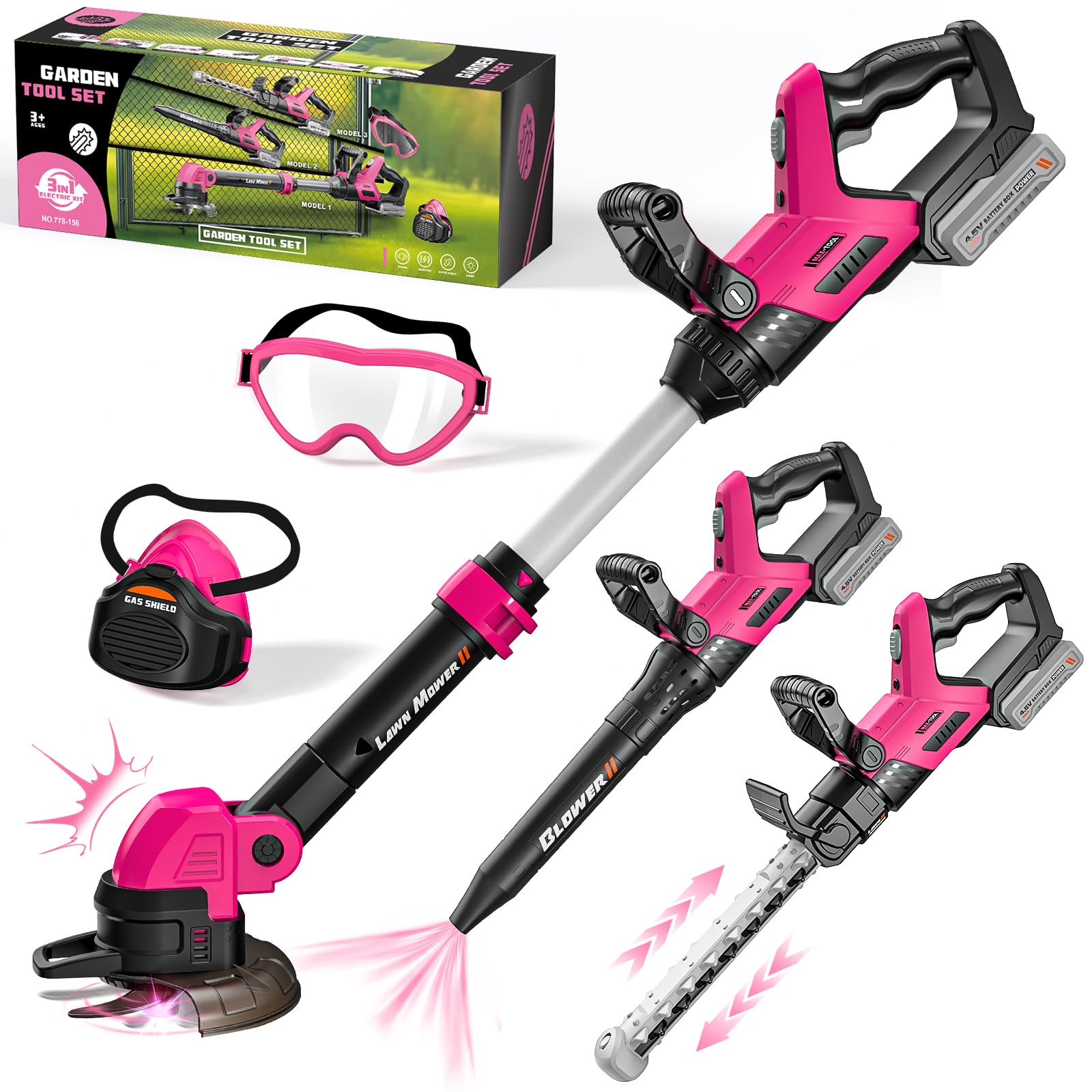 Kids Tool Set, 3-IN-1 Kids Power Garden Tools with Sounds & Lights, Volume+/-, Toy Weed Wacker, Leaf Blower & Hedge Trimmer, Christmas Birthday Gifts for Boys 3-5 4-8 pink — image 1