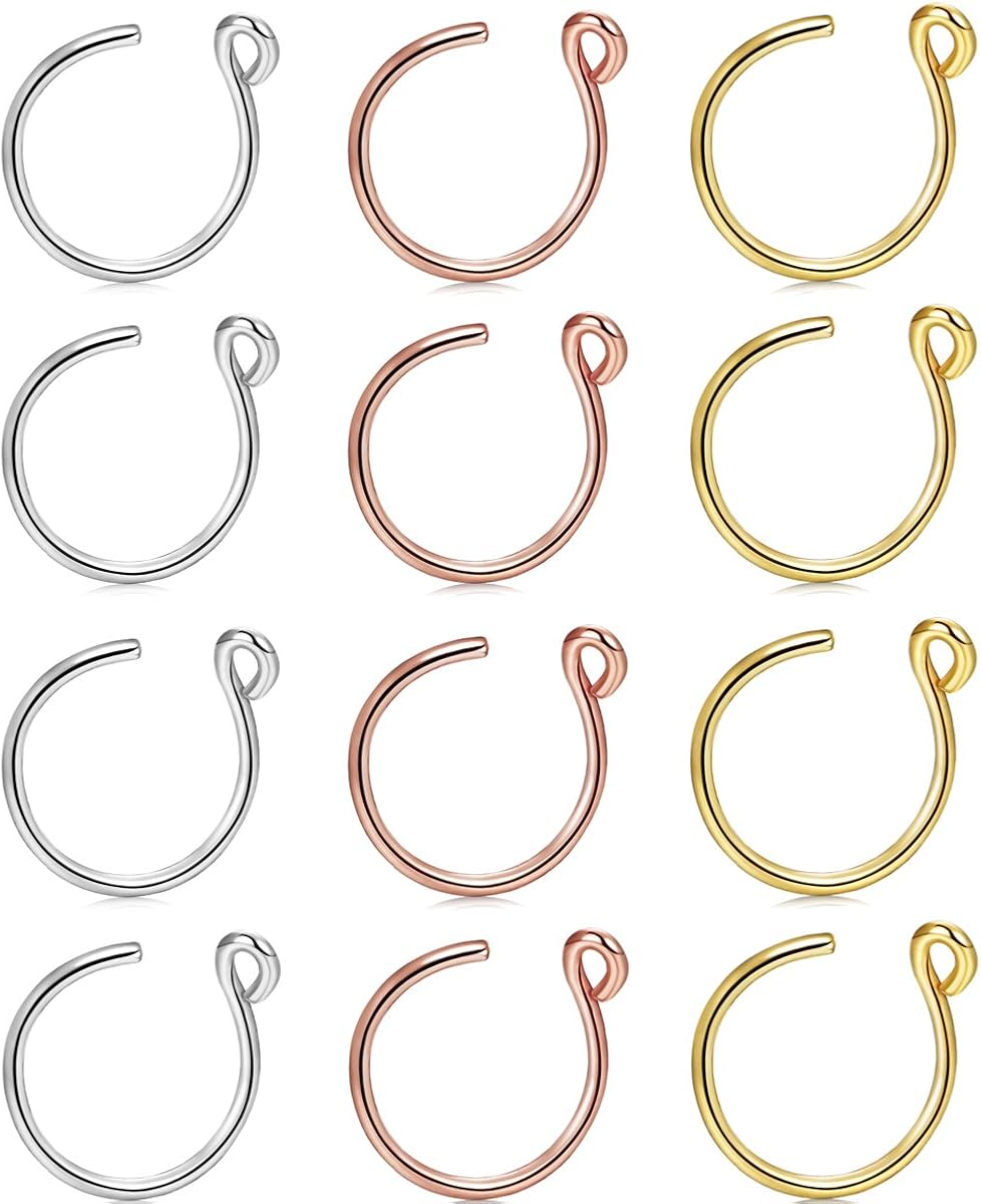 FIBO STEEL 12-27 Pcs Surgical Steel Fake Nose Hoop Ring Faux Clip On Nose Ring Set Body Piercing Jewelry