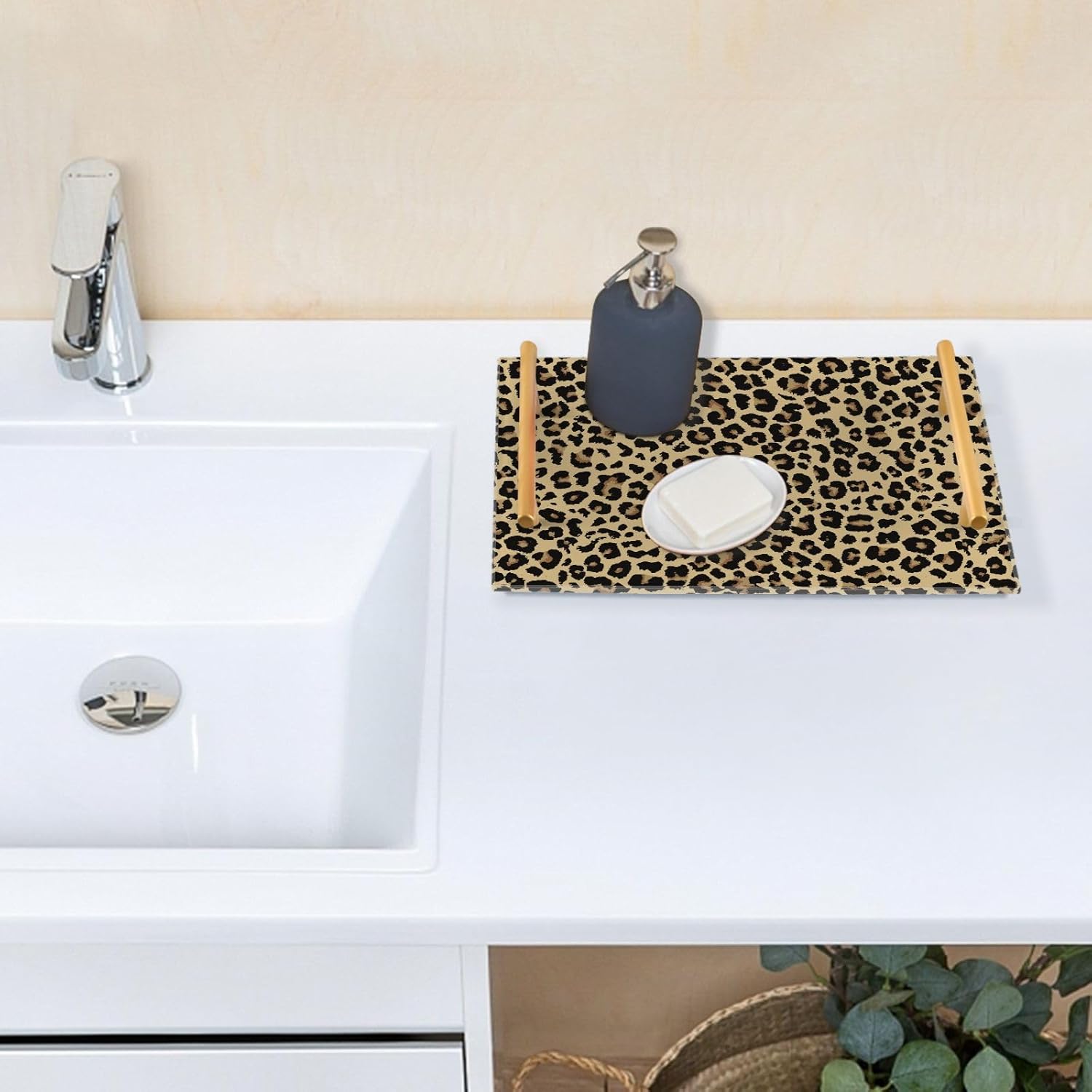 ZZKKO Leopard Acrylic Tray Bathroom Organizer Countertop Decorative Vanity Tray with Gold Handles Makeup Tray for Bathroom Counter Dresser Kitchen Table