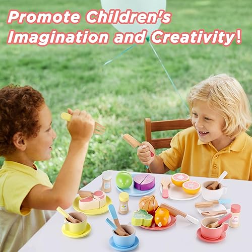 Miniatura 7 de GAGAKU Juego de platos y platos de madera para niños, juego de cocina de madera Montessori, accesorios de cocina, juguete de cocina para niños