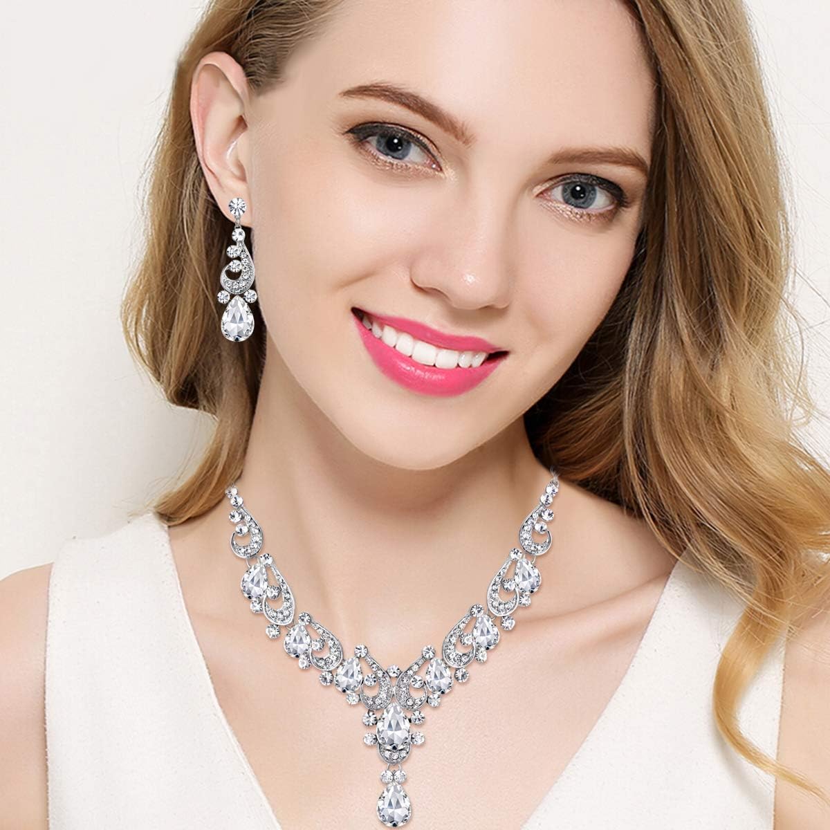 EVER FAITH Crystal Gorgeous Wedding Wave Teardrop Necklace Earrings Set for Bride, Women - Image 2