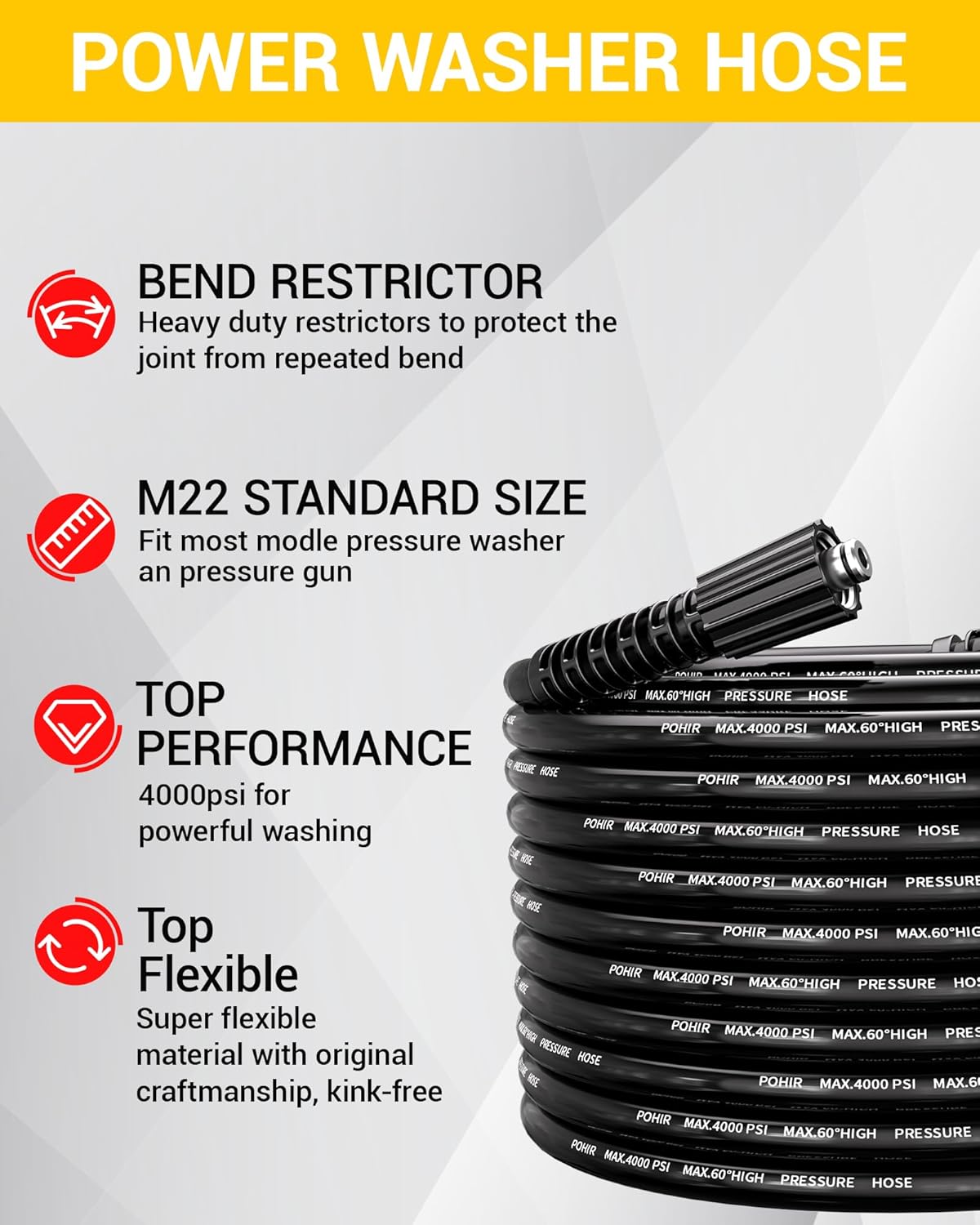 POHIR Pressure Washer Hose 50FT, Kink Resistant Power Washer Replacement Hose 1/4 Inch with M22 14MM Swivel, Lightweight Pressure Washer Extension Hose 4000 PSI
