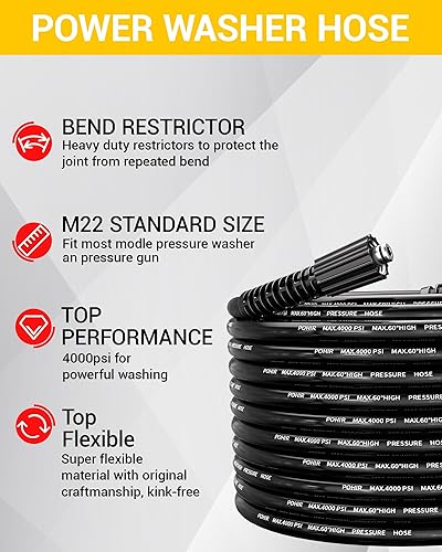 Miniatura 2 de POHIR Manguera de lavado a presión de 25 pies de conexión rápida M22, 4000 PSI de repuesto de manguera de lavado a presión, manguera eléctrica sin