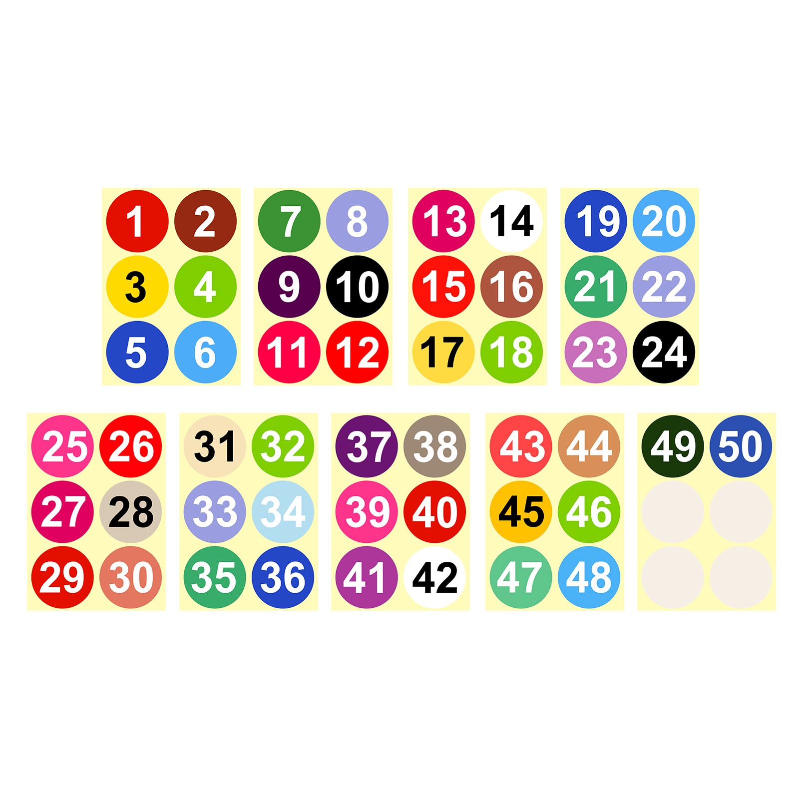 PATIKIL 1 to 50 Number Stickers 4 Inch / 100mm, Consecutive Vinyl Round Labels Self-Adhesive Dot Colored Decals for Inventory Classification Storage Box Organizing, Multicolor