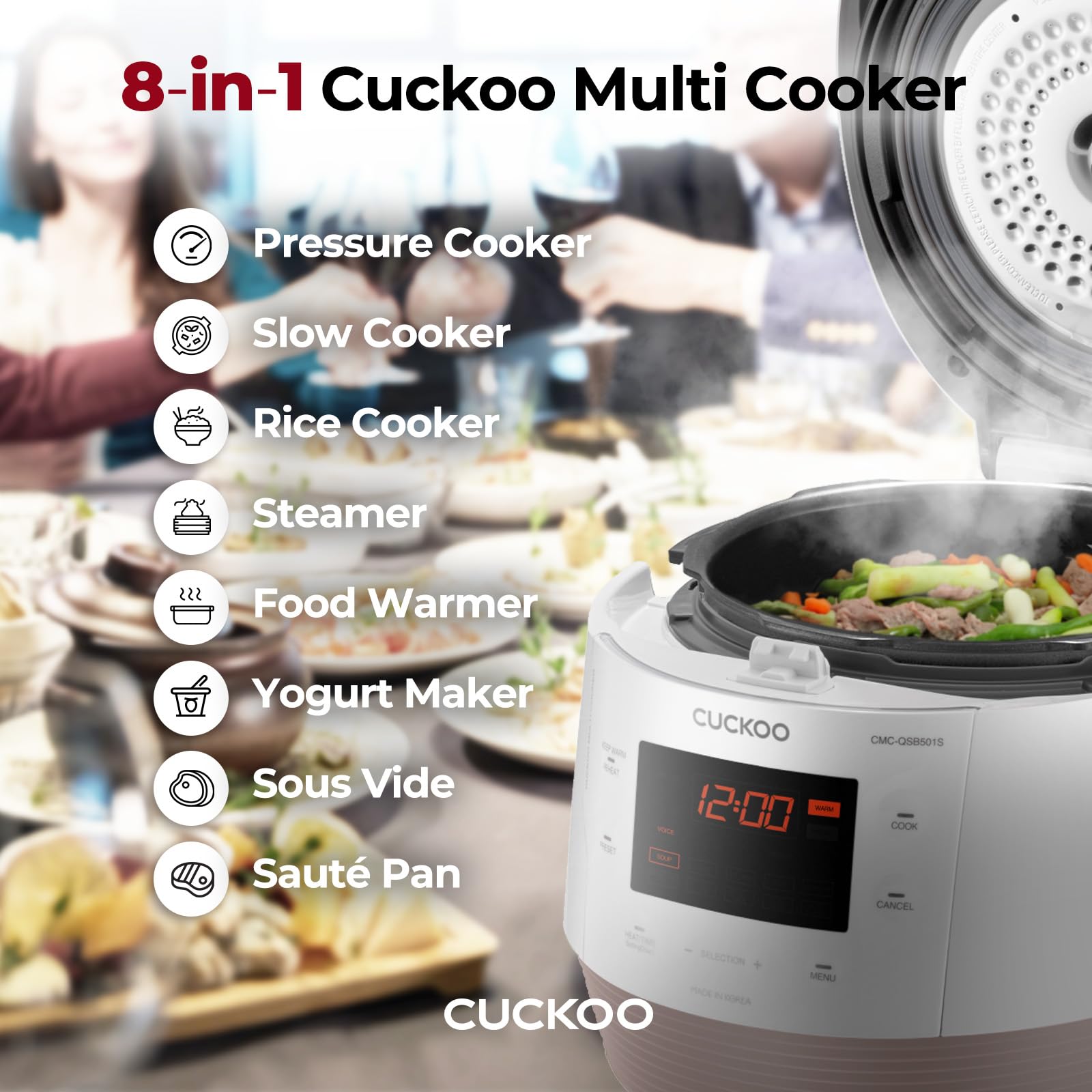 CUCKOO CMC-QSB501S ICOOK Q5 Premium Dampfdruck Multikocher 4750ml, 8in1 Multifunktionsgerät, Sprachnavigation, 3D Heiztechnologie, Warmhaltefunktion, Edelstahl-Innentopf mit Antihaft-Beschichtung