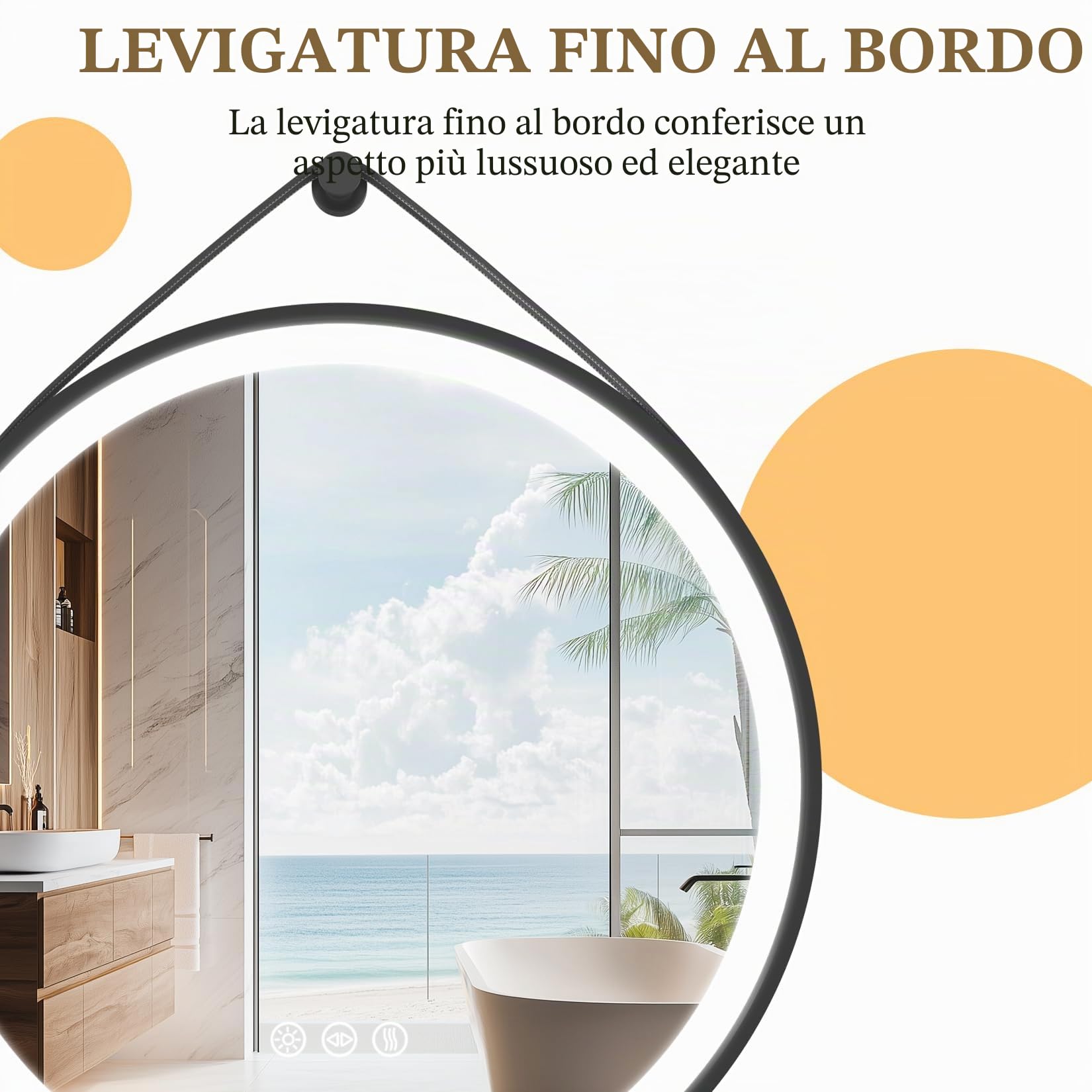 LUVODI Specchio Bagno con Led Luce Rotondo 60 cm: Specchio Smart Tondo Bagno Cornice in Alluminio Nero Cinghia Regolabile in Pelle, Illuminato Frontale, Antiappanamento, Dimmerabile, Funzione Memoria