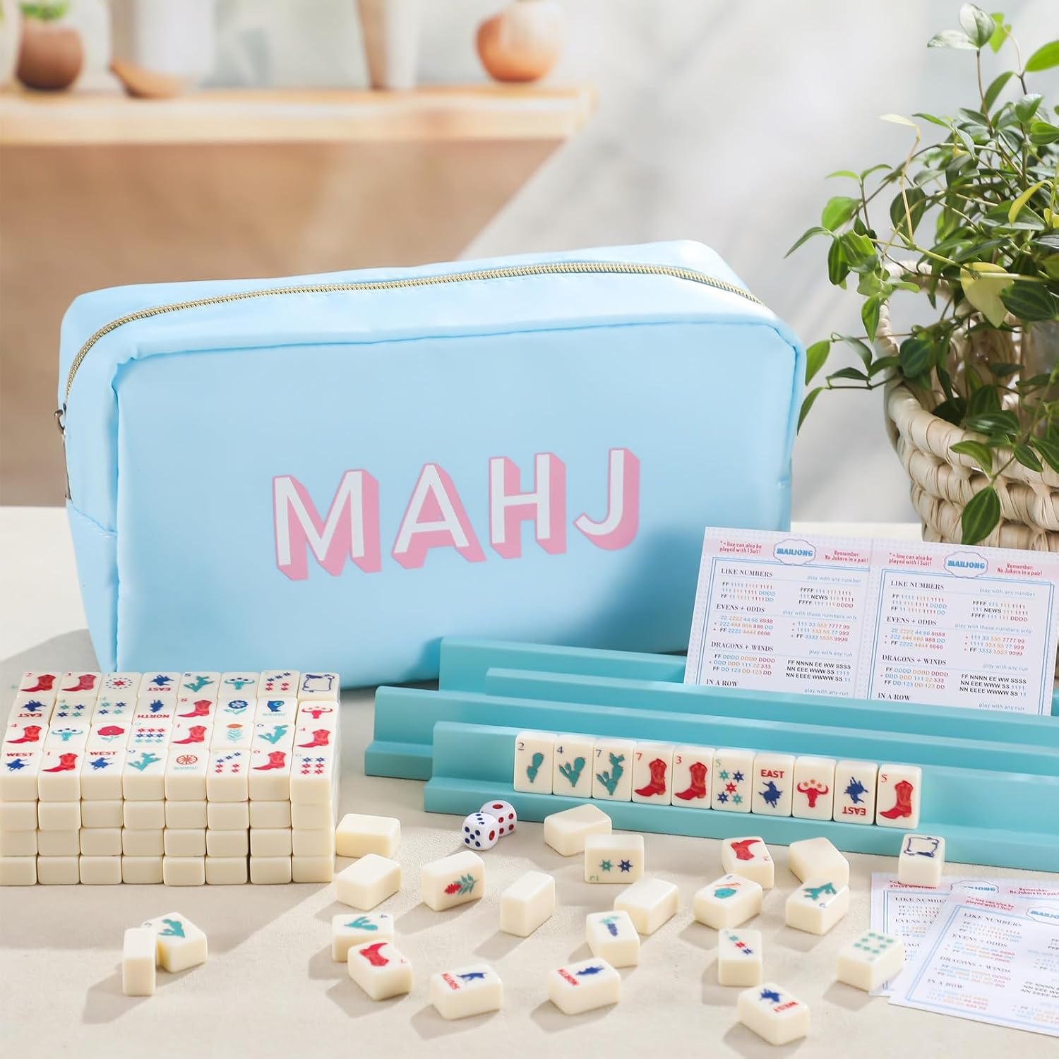 Soulchen Mini American Mahjong Tile Set Include 160 0.8 Inch Mahjong Tiles 2 Dice 4 Wooden Rulers 1 Accessory Bag 4 Beginner Rule Cards(Cowboy)