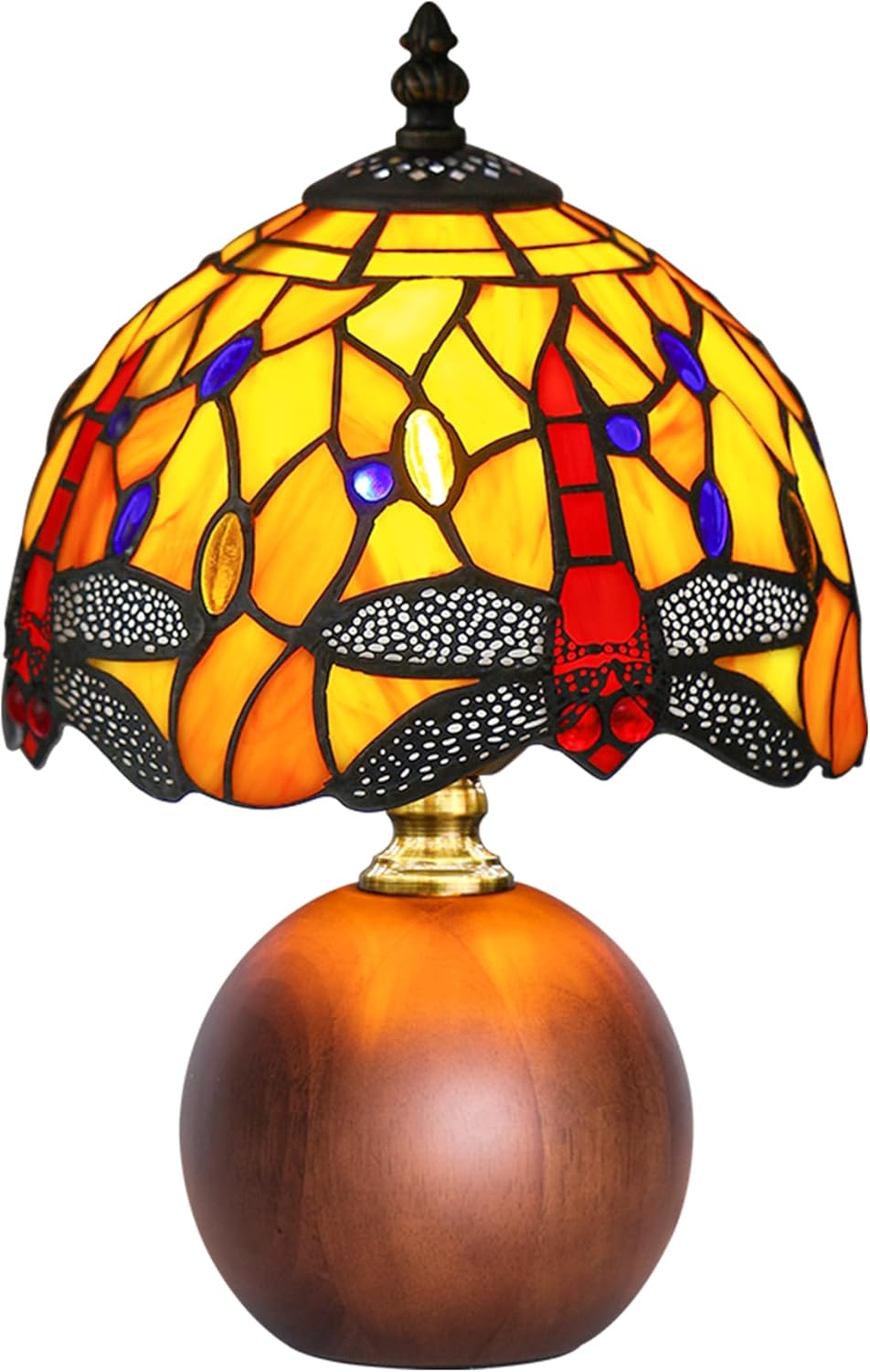 12.2" Tiffany Style Lamp, Handcrafted Dragonfly Stained Glass Table Lamp with Weighted Solid Wood Base, 3-Color Dimmable Bedside Nightstand Light for Bedroom & Living Room, LED Bulb Included