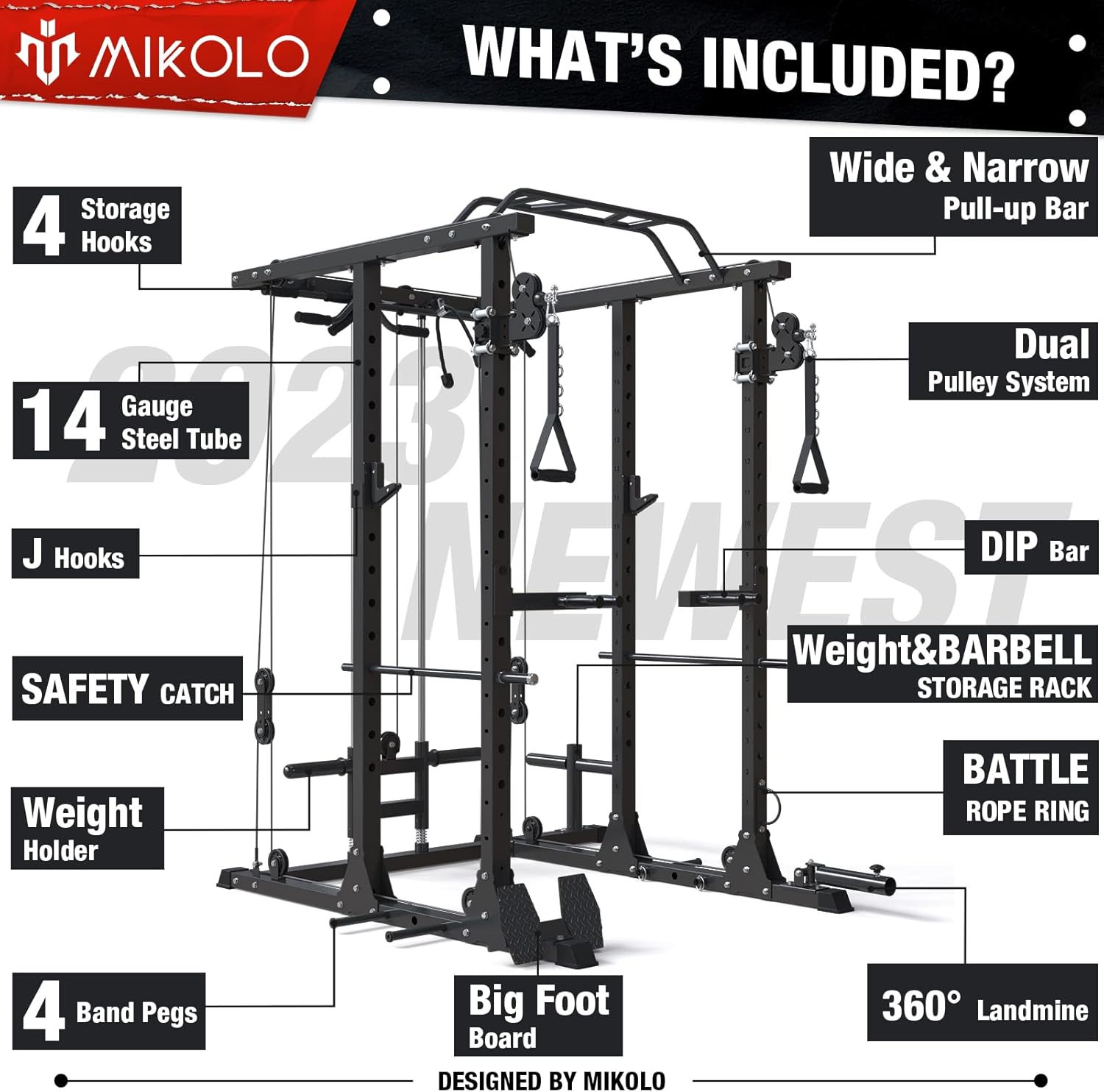 Mikolo Power Cage with LAT Pull Down System, 1500lbs Squat Rack with Cable Crossover, Workout Cage with J-Hook, Landmine, Band Peg, Battle Rope Ring Home Gym (Black) : Sports & Outdoors