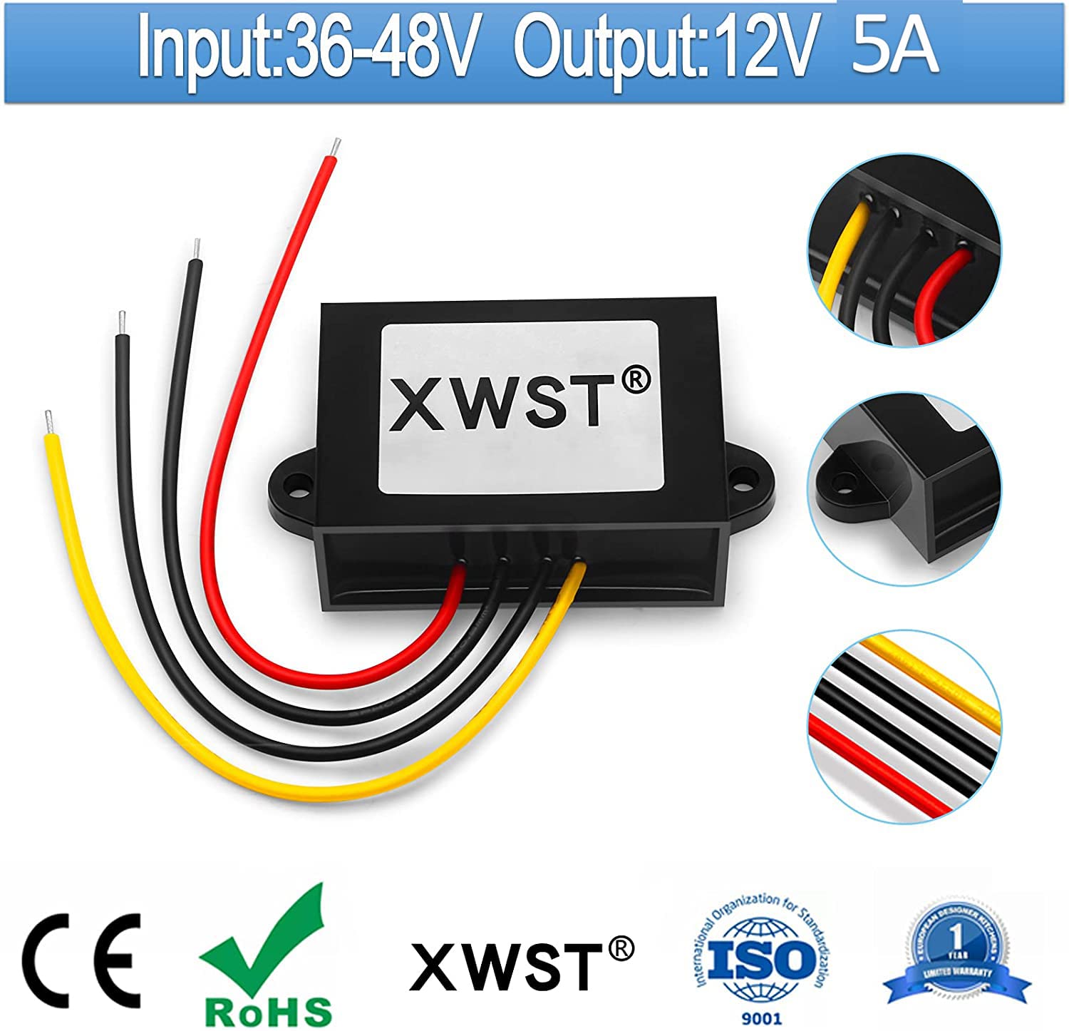 48V 12V Wandler DC Spannungswandler 36V/48V auf 12V 5A 60W Auto Netzteil Wandler Konverter Transformator Trafo Adapter Breit Eingang für Auto Motor LKW PKW Kfz Boot