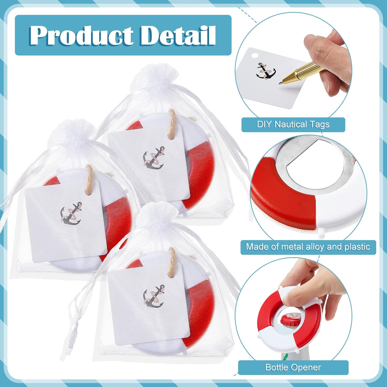 60 Set Nautical Wedding Favors, Lifesaver Bottle Opener Beach Baby Shower Bottle Opener Favors Nautical Bottle Openers Return Gifts with Anchor Tags Organza Bags 1 Roll of Twine Guests Birthday Decor