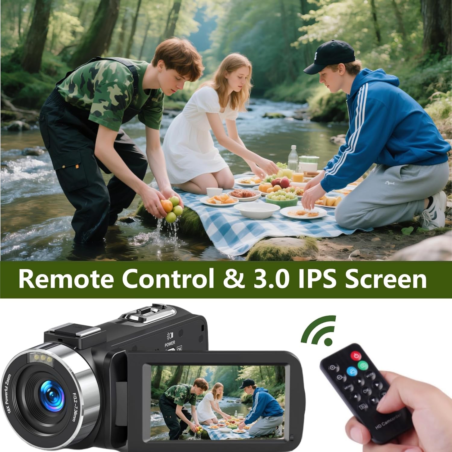 Video Camera 4K Camcorder 75MP YouTube Vlogging 64G SD Card and2 Batteries and Microphone 18X Digital Zoom Webcam 270 Degree Rotation Screen Recording While Charging video camera for computer/ filming