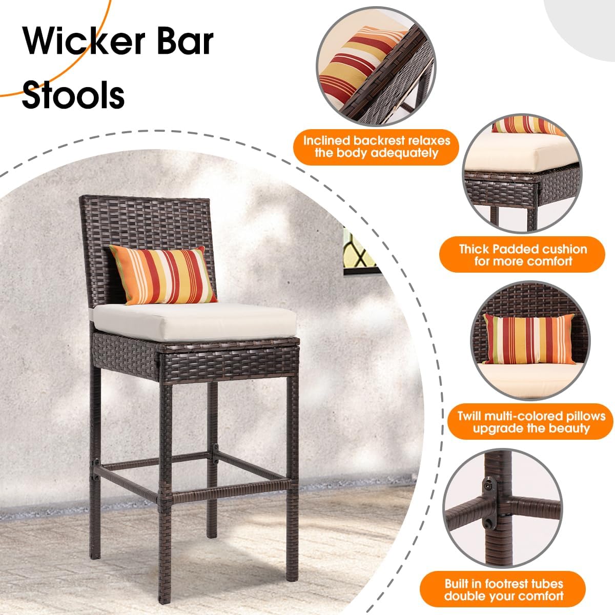 Sundale Outdoor 3 PCS Outdoor Bar Set, Wicker Bar Table and Bar Stools with Storage Shelf and Cushions, Rattan Bistro Pub Set for Deck Poolside Balcony Garden (Brown&Beige)