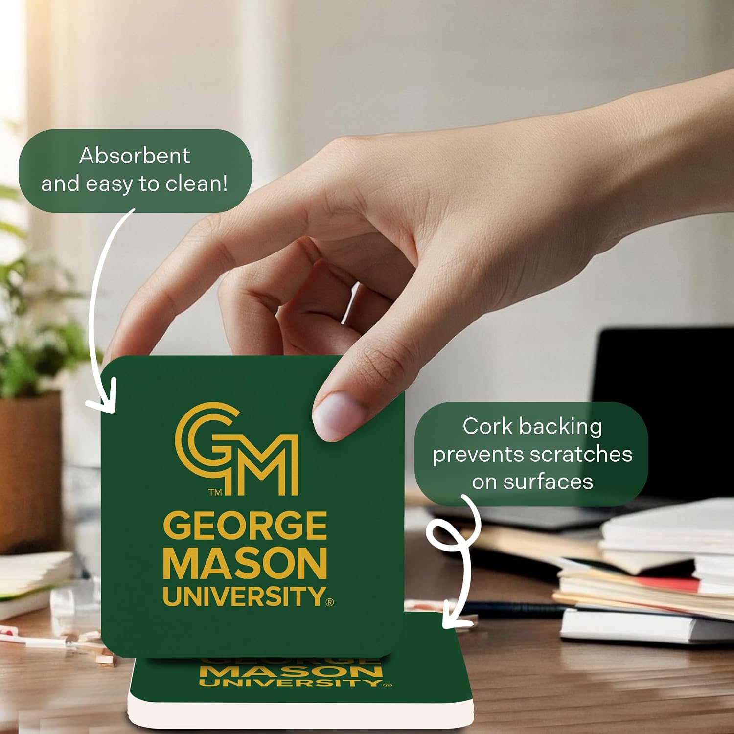 Desert Cactus George Mason University Coaster GMU Patriots Water Absorbent Drink Square Coasters - Made from Natural Sandstone (Square 4 Pack - A)