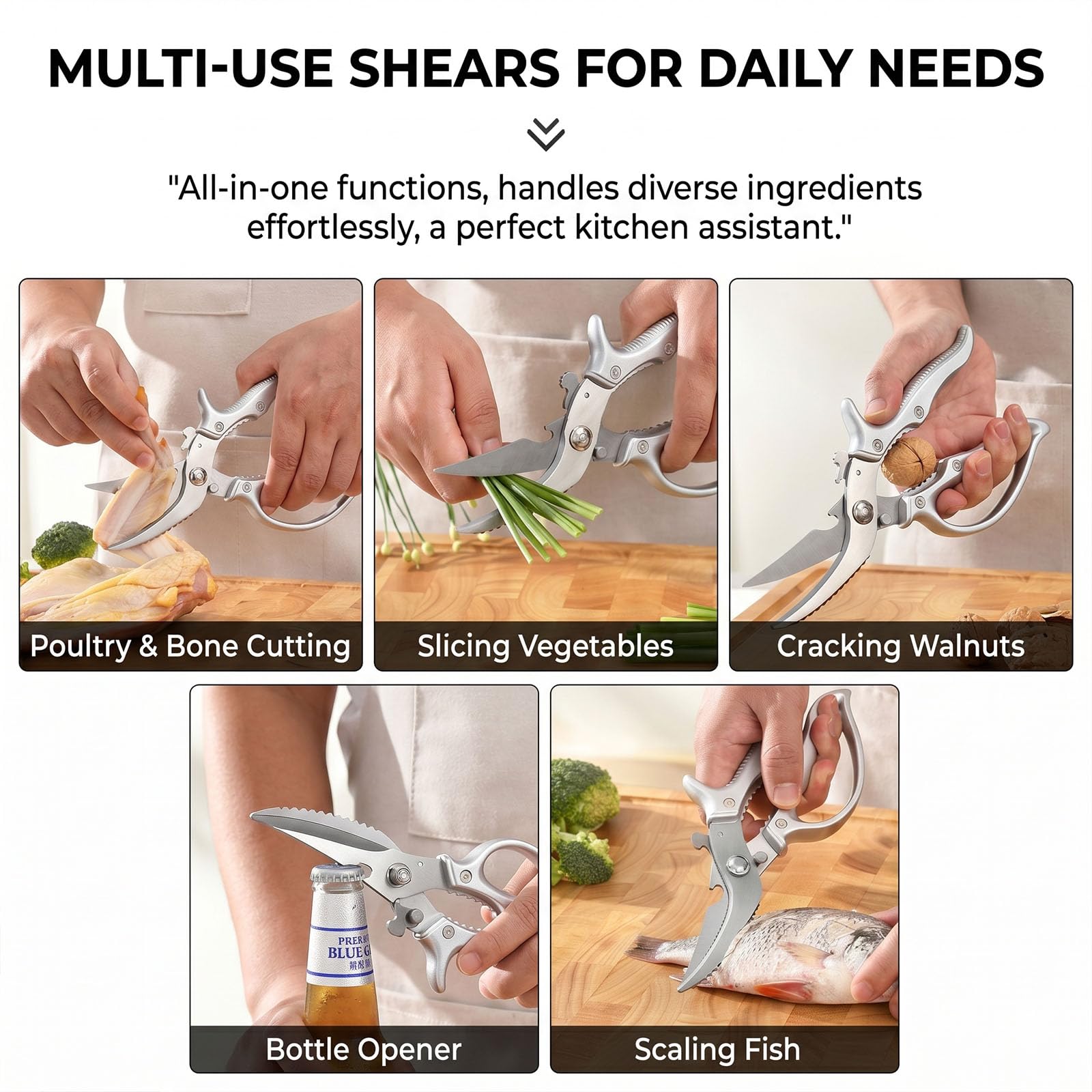 Multifunction Kitchen Shears Heavy Duty, Bone Cutting & Quail Egg Scissors, Meat Cutter for Food, Fish, Poultrys, Turkey, Gifts Women Men (1 pc)