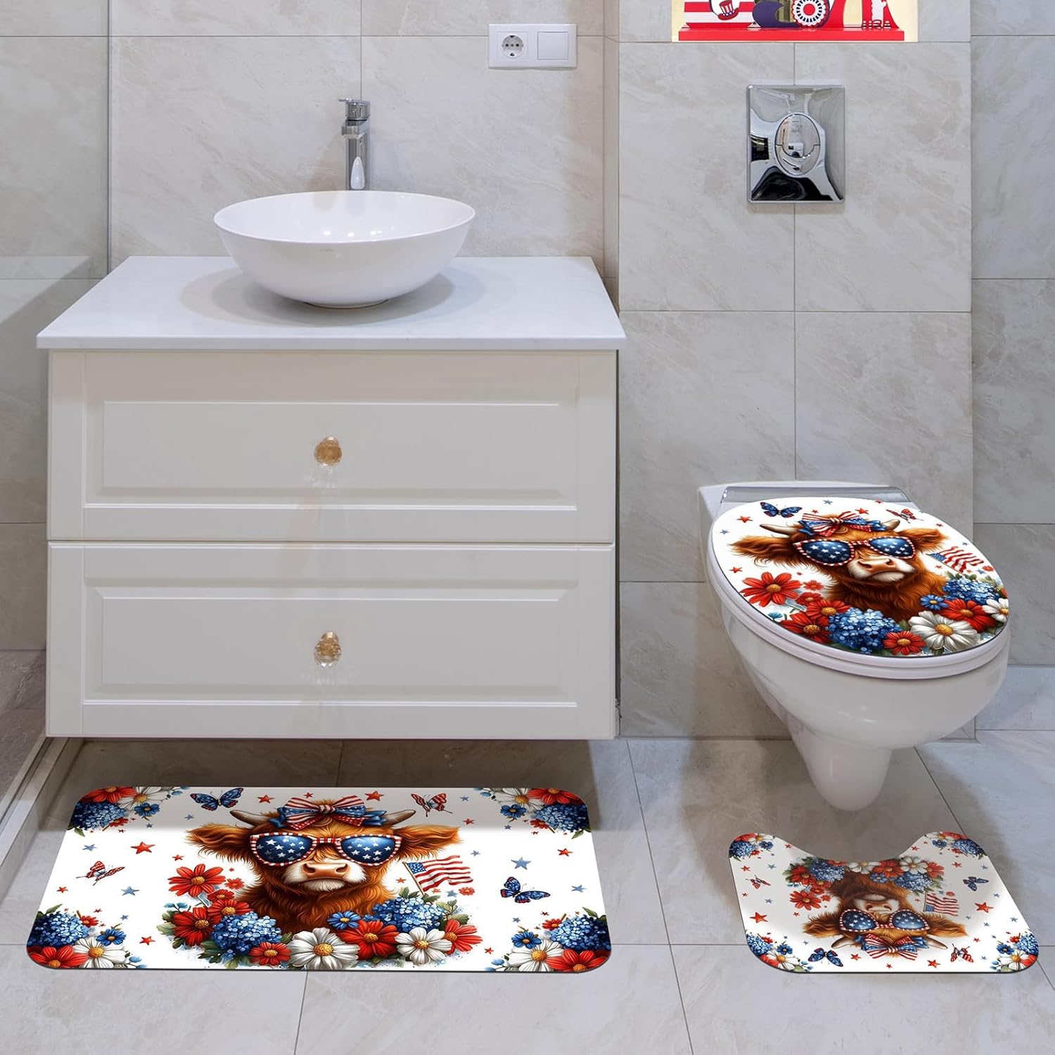 Aperturee 4th of July Highland Cow Shower Curtain Set 4-Piece, Patriotic Flag & Cute Cow Bathroom Decor for Independence Day, Memorial Day, July 4th Farmhouse Theme