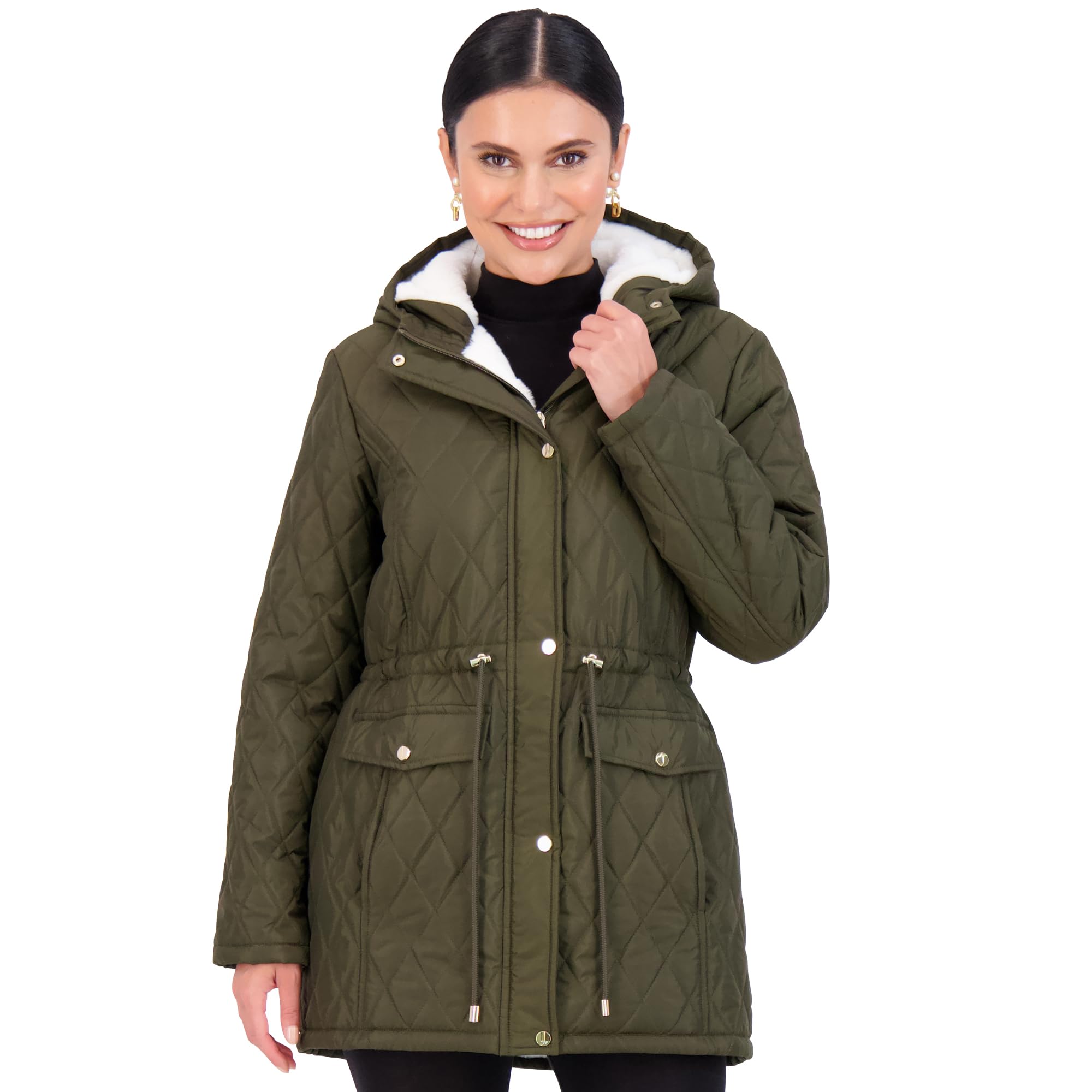 Jones NY Diamond-Quilted Jacket Anorak with Fur Lining - Winter Coats for Women, Black