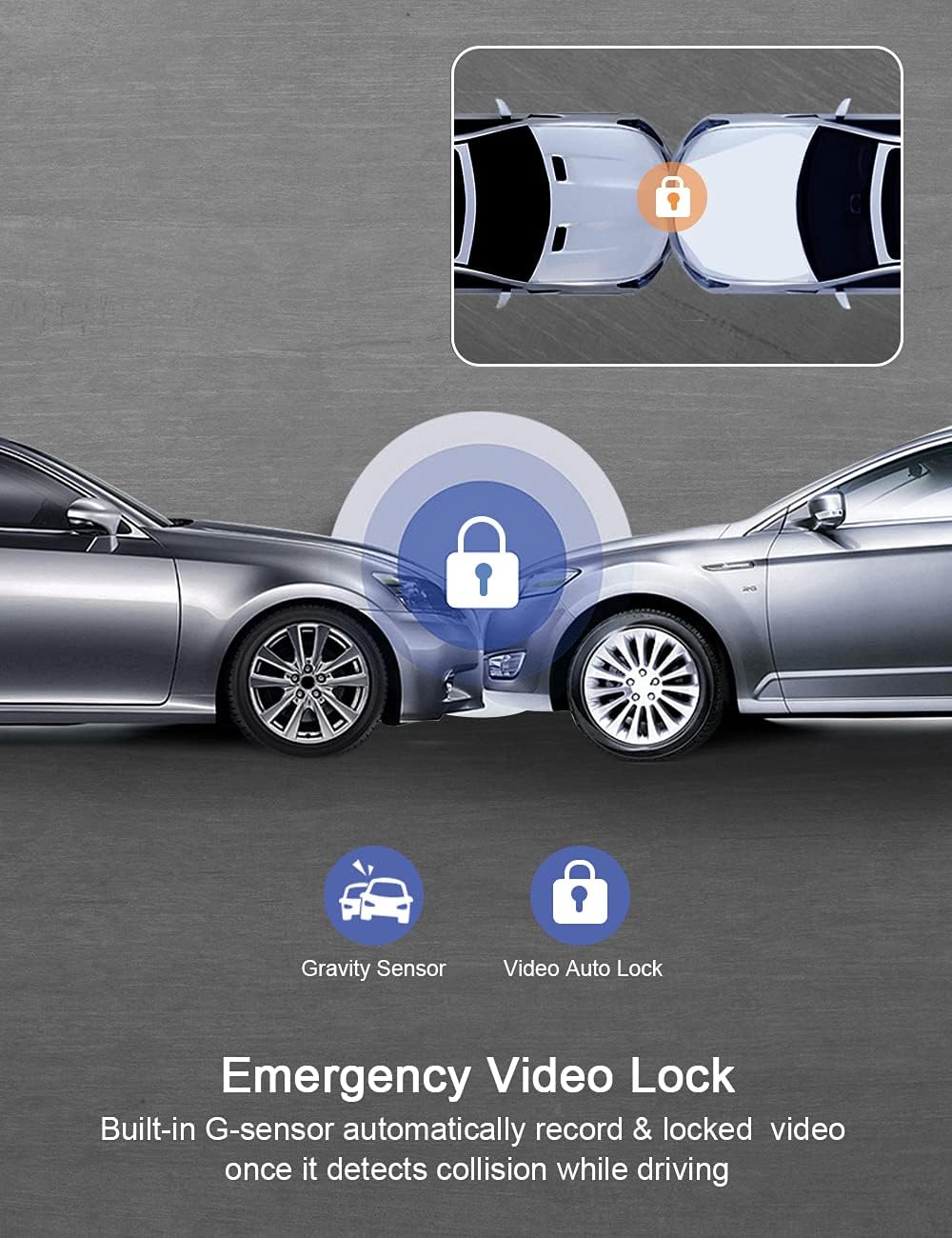 Image illustrating the Emergency Video Lock feature, showing two cars colliding and a lock icon, indicating automatic video saving.