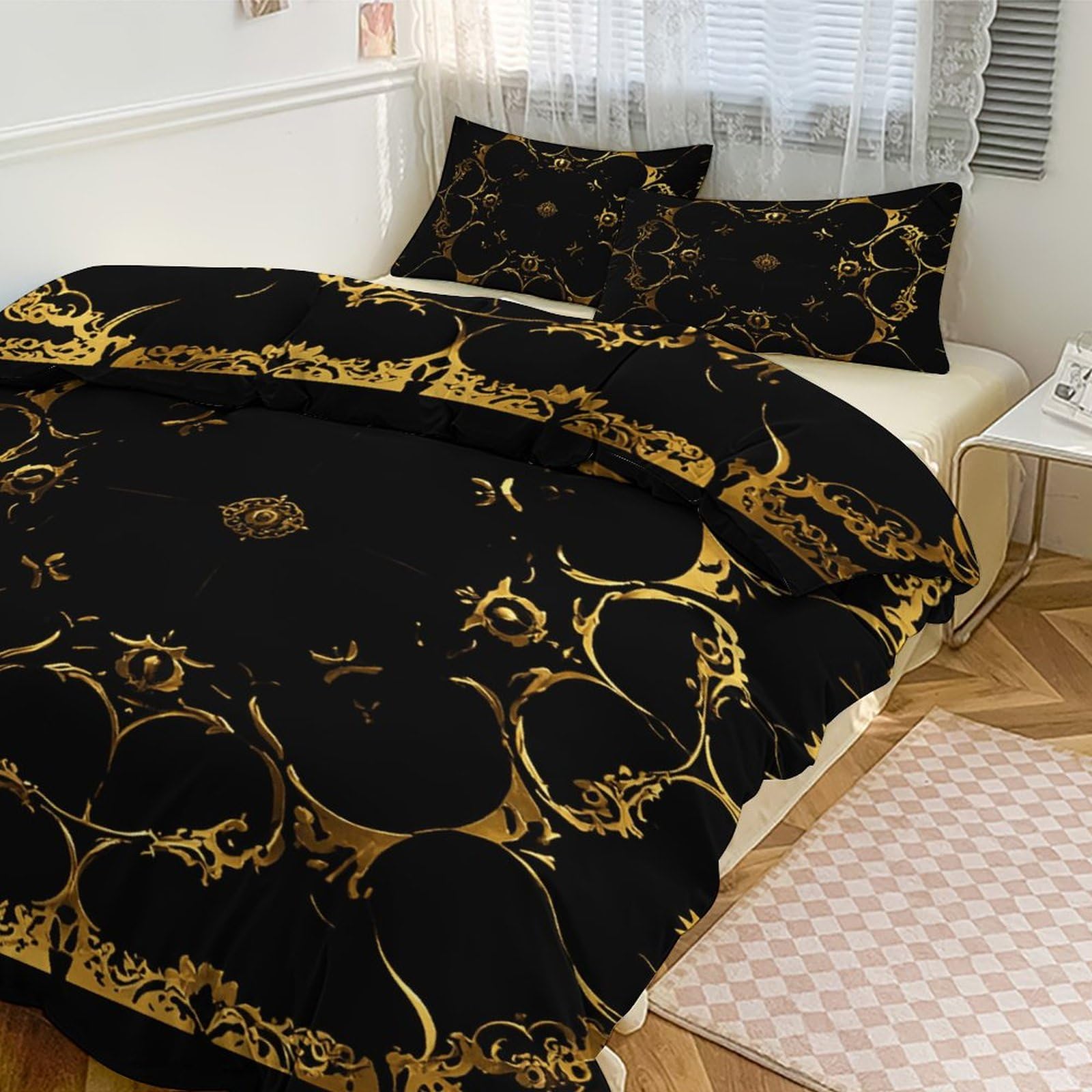 Parure de lit 3 pièces avec couette grand lit fond noir et doré 218x177 cm