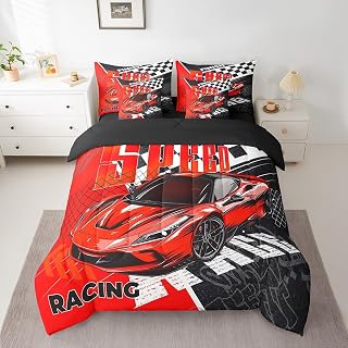 Feelyou Boys Girls Race Car Comforter Set with Sheets Queen Size, Speed Sports Car 7 Pieces Bedding Set Racing Car Bed in A Bag Kids Extreme Sports Teens Bed Set Bedroom Decor 7Pcs