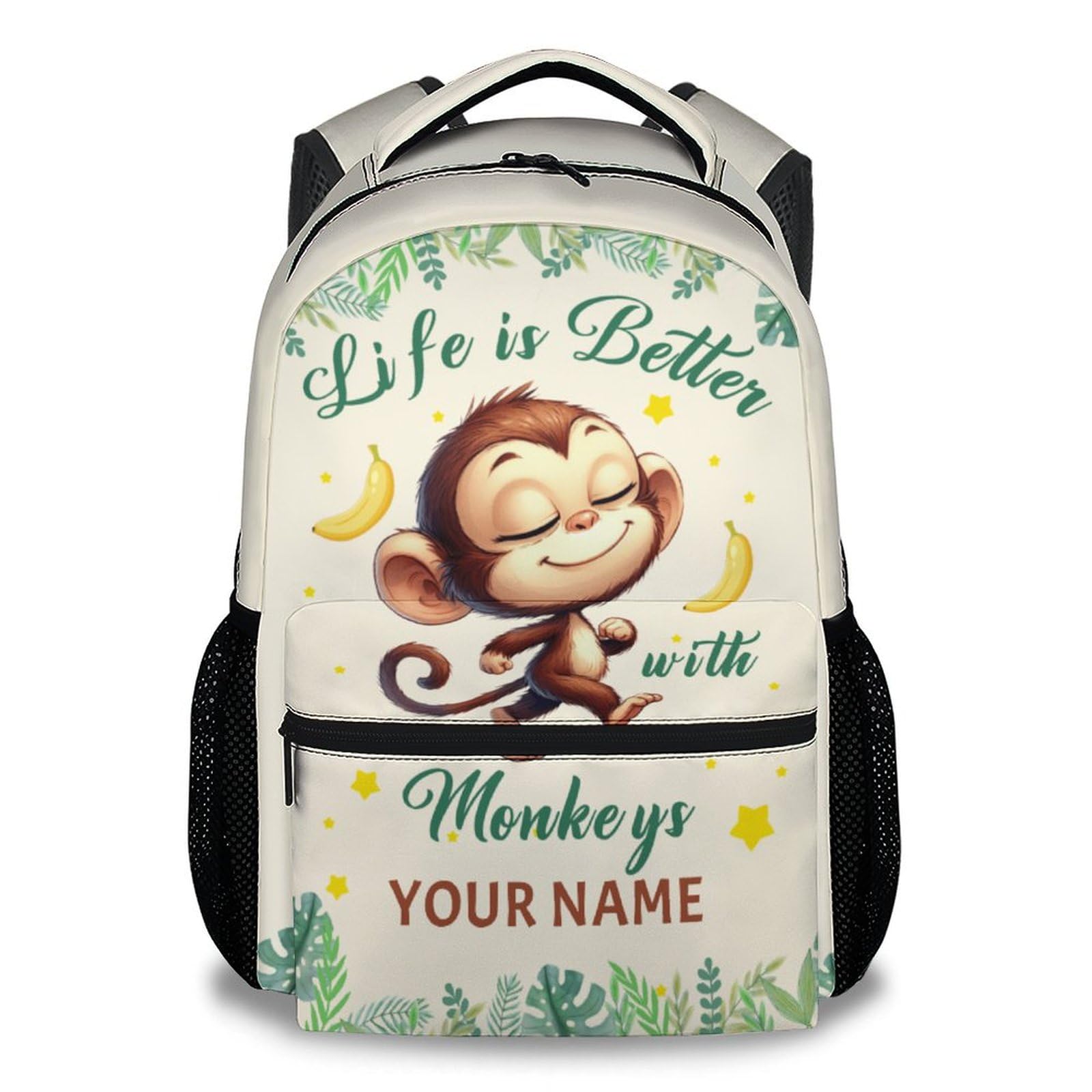 Custom Funny Monkey Backpack for Girls Boys, 17 Inch Beige Cartoon Backpacks for Kindergarten Preschool, Cute Durable Bookbag for Kids