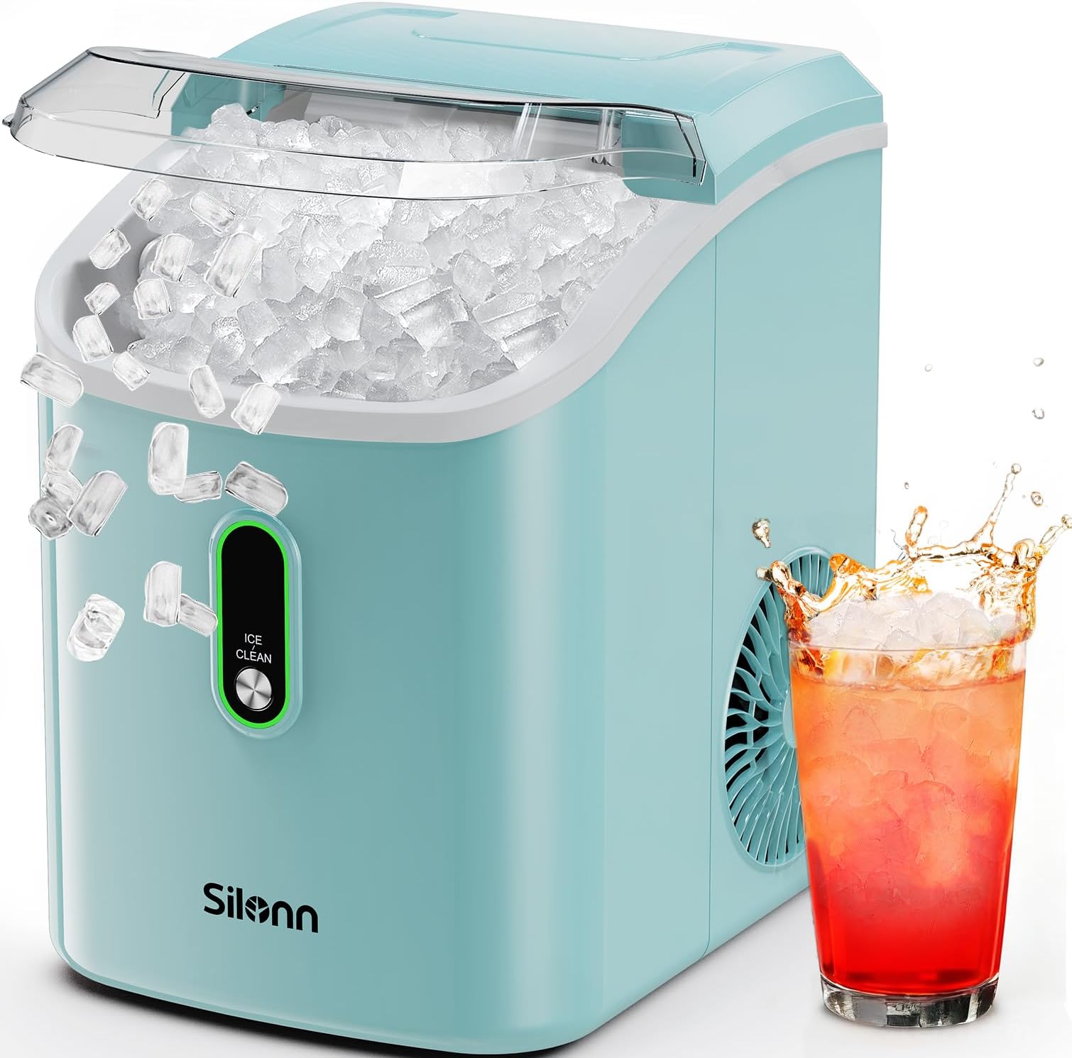 Silonn Nugget Ice Maker Countertop, Pellet Ice Machine with Self-Cleaning Function, Sonic Ice Maker Produces 33lbs of Chewable Ice in 24 Hours, Ideal for Home Kitchen and Office (Green)