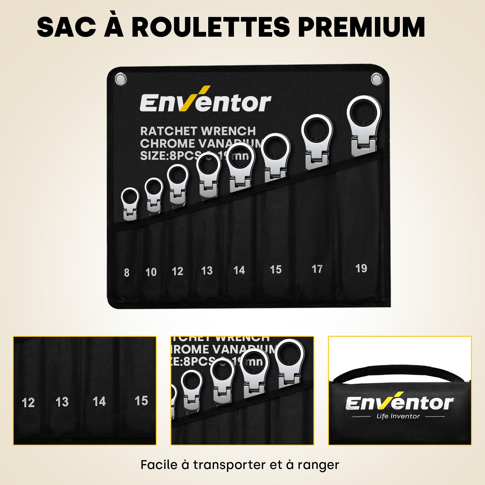 Enventor Jeu de 8Pcs Clé Plate à Cliquet, Tête flexible à 180°, 72 dents, Rangées dans une pochette de rangement, Acier au Chrome Vanadium, Métrique 8-19 mm, Pour réparations électriques