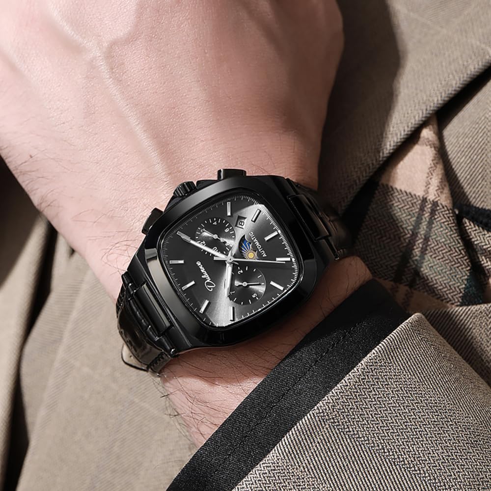 Herren-Armbanduhr, quadratisch, 6-polig, Mondphase, vollautomatisch, mechanisch, Kalenderanzeige, leuchtend, wasserdicht, Business-Mode, Armbanduhren, Wochen- und Monatsanzeige
