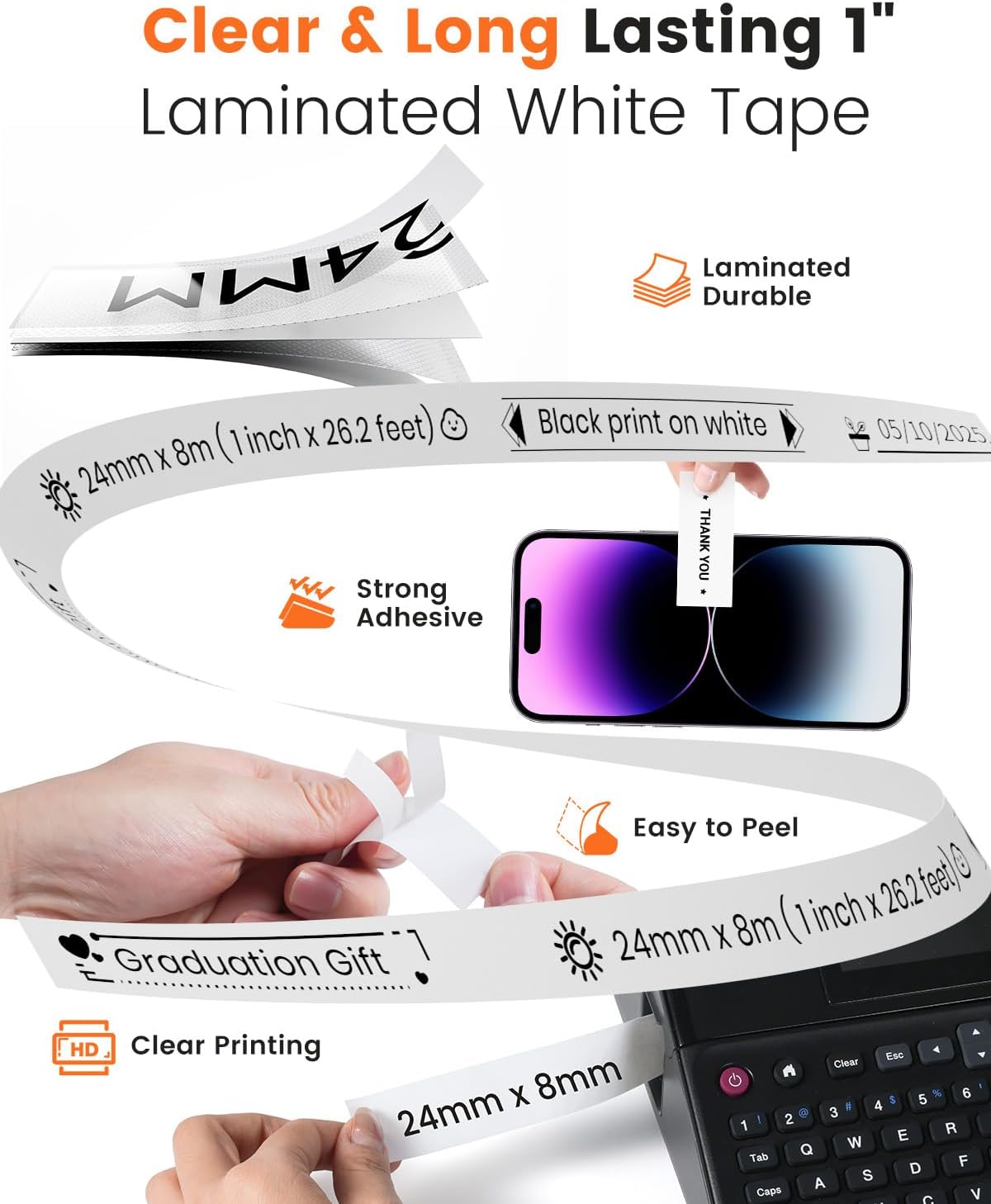 TZe-251 Label Maker Tape 24mm 0.94 Laminated White Compatible with Brother P-Touch Label Tape TZe251 TZ-251 Black on White 1 Inch TZe Tz Tape Work for Brother PT-D600 PT-D610BT PTP700 PTP710BT, 8-Pack