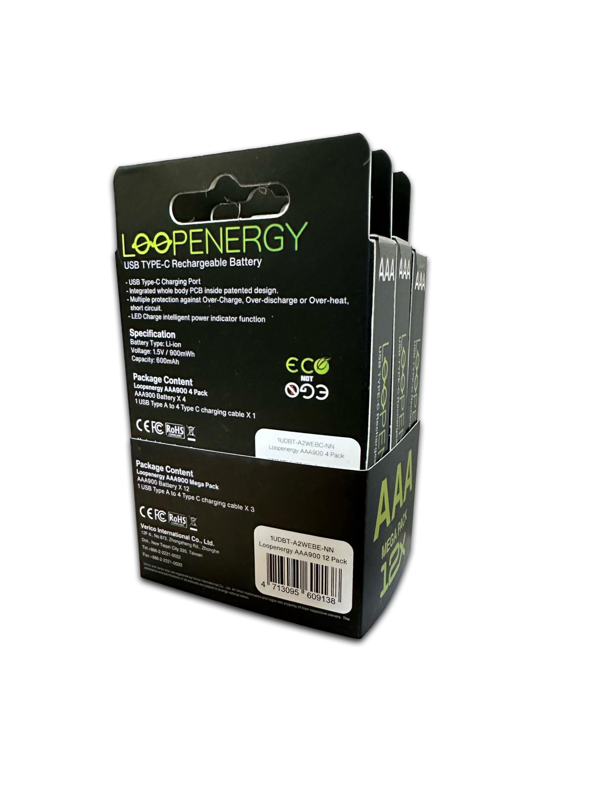VERICO LoopEnergy AAA 900 - Batteria ricaricabile USB-C AAA 1,5 V, 900 mWh (600 mAh), ricarica rapida tramite connettore USB-C in circa 2 ore, confezione da 12 AAA, 3 cavi da USB-A a 4 USB-C