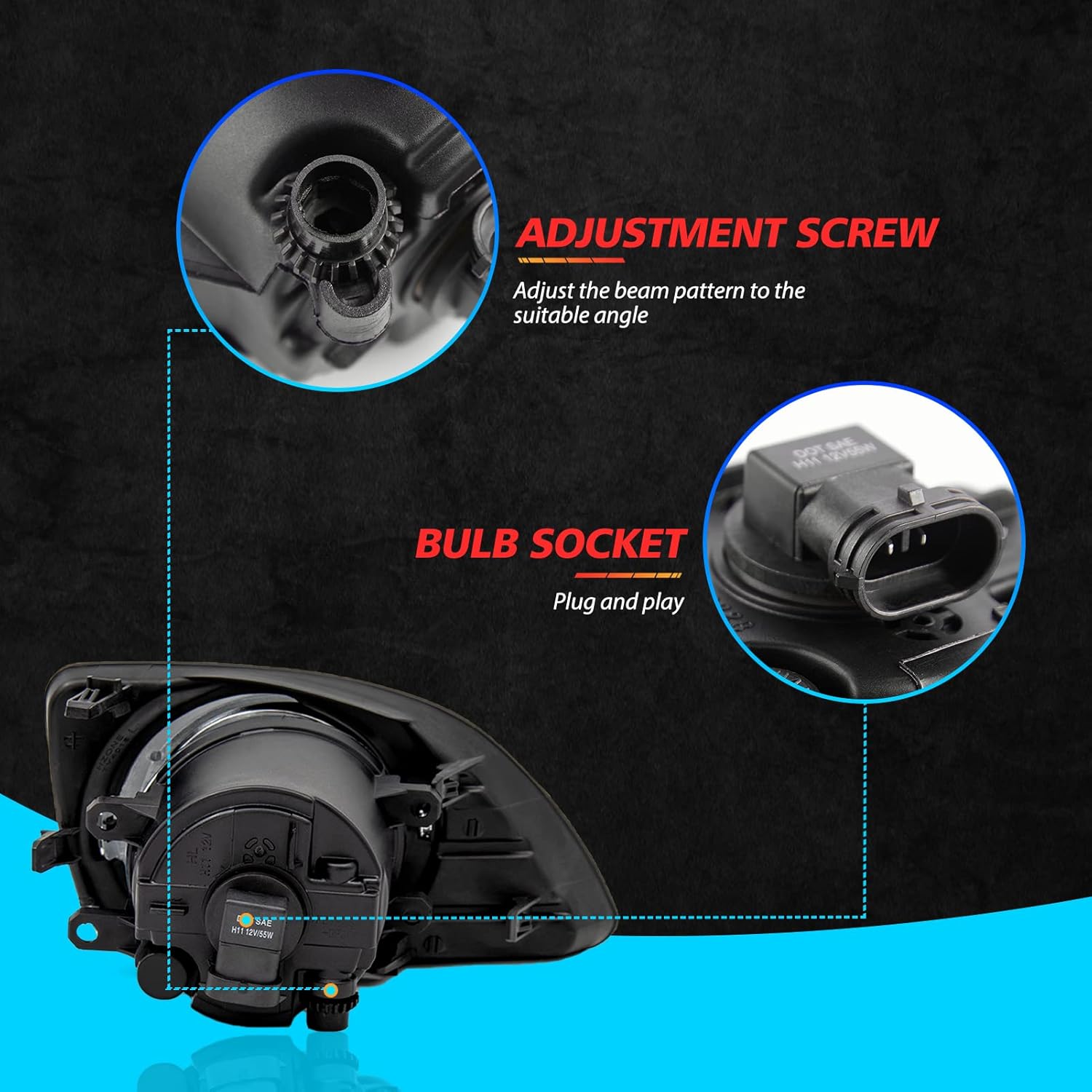 Fog Lights Assembly for 2010 2011 Toyota Camry Replacement Kit Fog Lamps with Wiring & Switch H11 12V 55W Halogen Bulbs Clear Lens