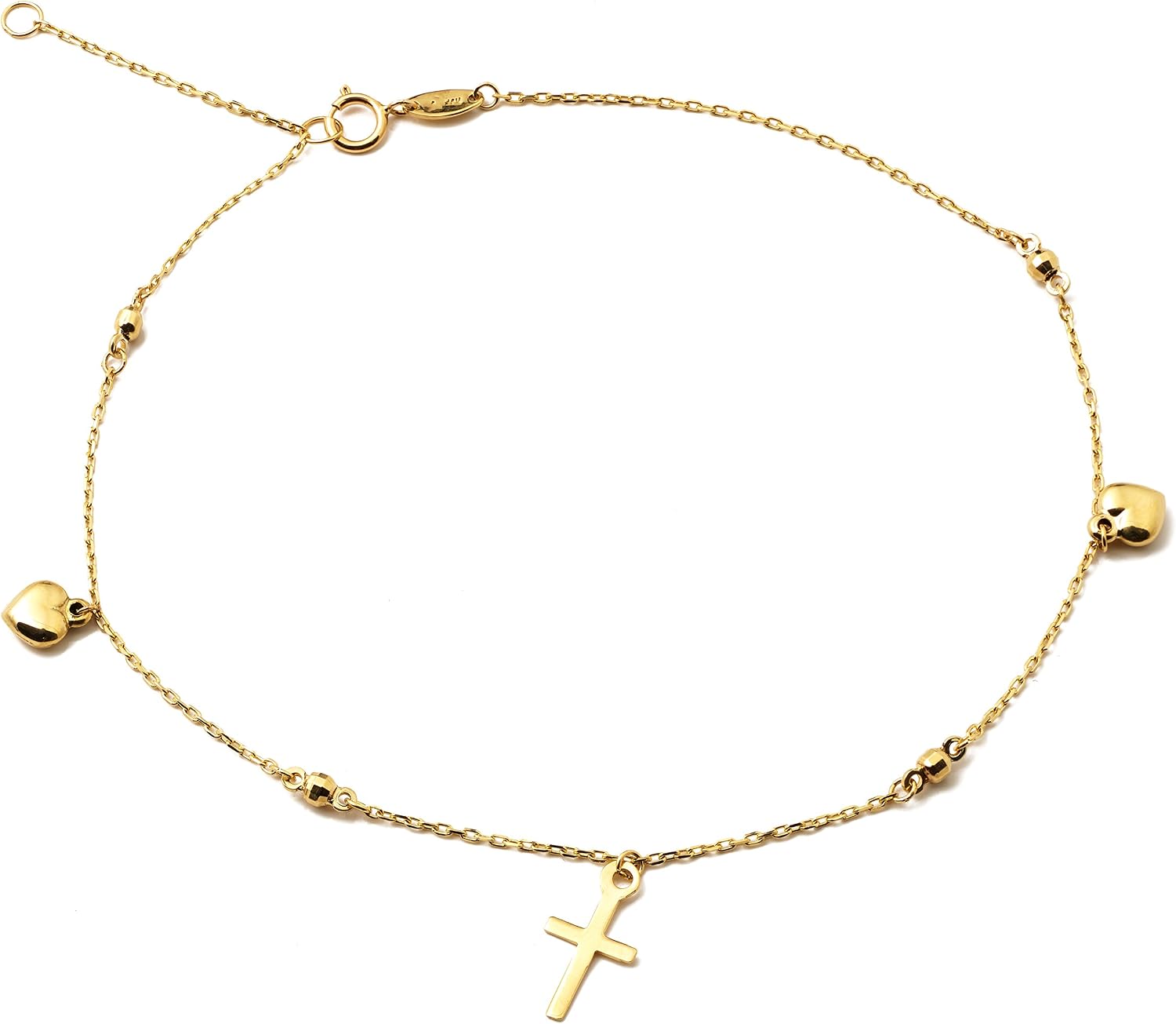 LoveBling 10K Yellow Gold .5mm Rolo Chain with 2 Hearts 1 Cross Charms Anklet (#44)