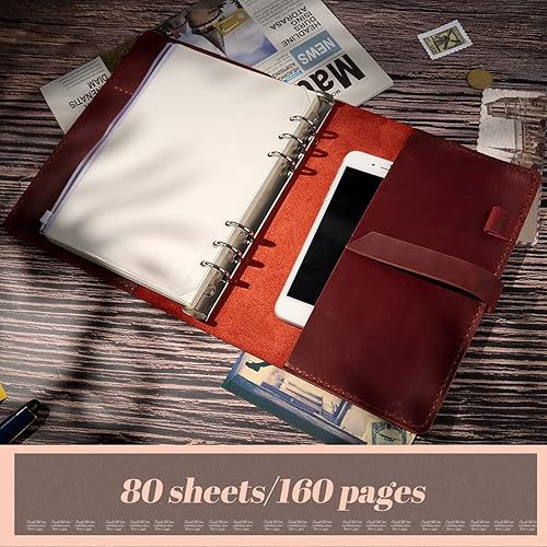 Miniatura 3 de Cuaderno de cuero para escribir diario, encuadernado a mano, rellenable, 6 anillas, con bolsillo de cuero/bolsa de plástico para papel de relleno A5