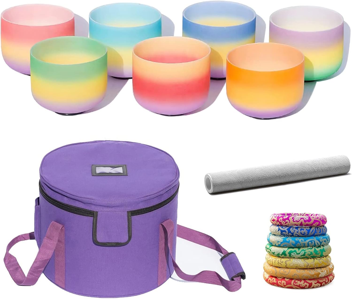 Set De Cuencos De Cuarzo Cantores Arcoíris - 6B+8G+10E+12C + Estuche, Para Meditación Y Yoga