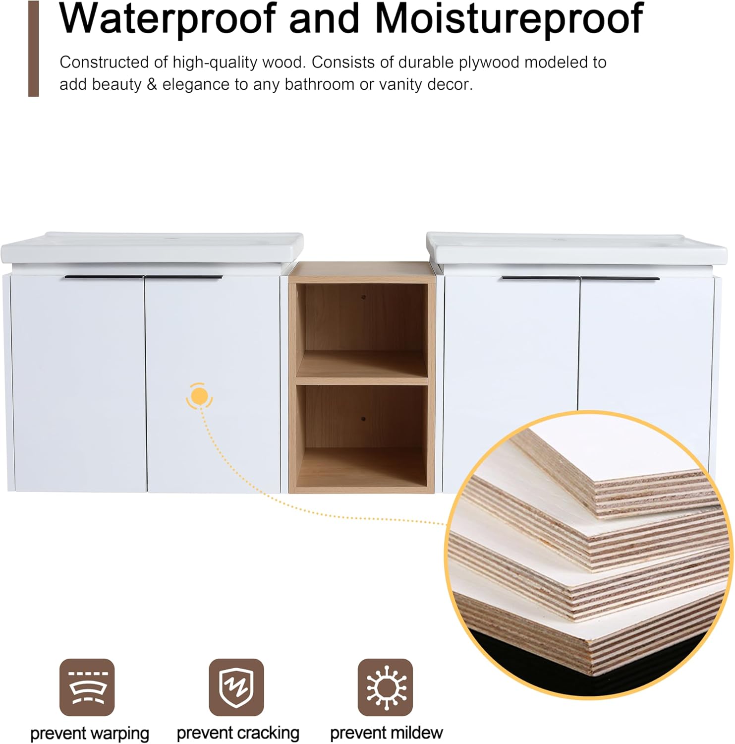 Malwee 60" Floating Bathroom Vanity with White Ceramic Basin Sink Top, 60 Inch Double Sink Wall Mounted Bathroom Vanity, with 4 Doors and Storage Shelve.MA07460
