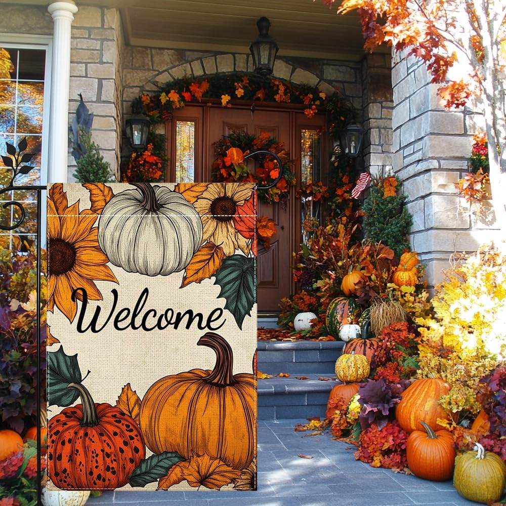 Fall Pumpkin Welcome Garden Flag for Outside 12x18 Inch Double Sided Burlap Autumn Thanksgiving Leaves Sunflower Flowers Farmhouse Holiday Rustic Outdoor Yard Flag Home Decorations - Image 2