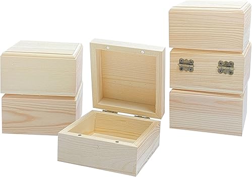 Miniatura 6 de Paquete de 6 cajas de madera sin terminar para manualidades, caja cuadrada de madera con tapa magnética con bisagras (3.5 x 3.5 x 1.9 pulgadas)
