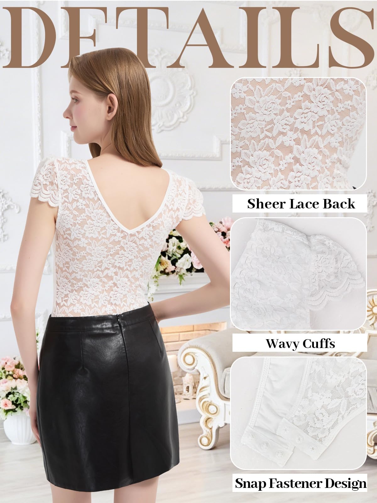Body Damen Spitze Bodysuit V-Ausschnitt Kurzarm Trachtenbody Elegant Sexy Rückenfreie Spitzenbody Floral Stickerei Bodies Dirndl Body mit Druckknöpfen Festival Party Going Out Oberteil