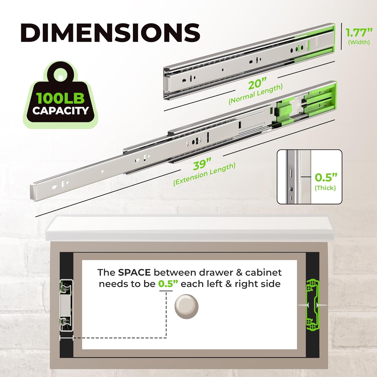 5 Pairs | 20" Heavy Duty Soft Close Cabinet Drawer Slides | 150 lbs Load Capacity | Mount Drawer Runner | Garage Kitchen Living Room Tool Box | Self Closing Glide Rails Parts