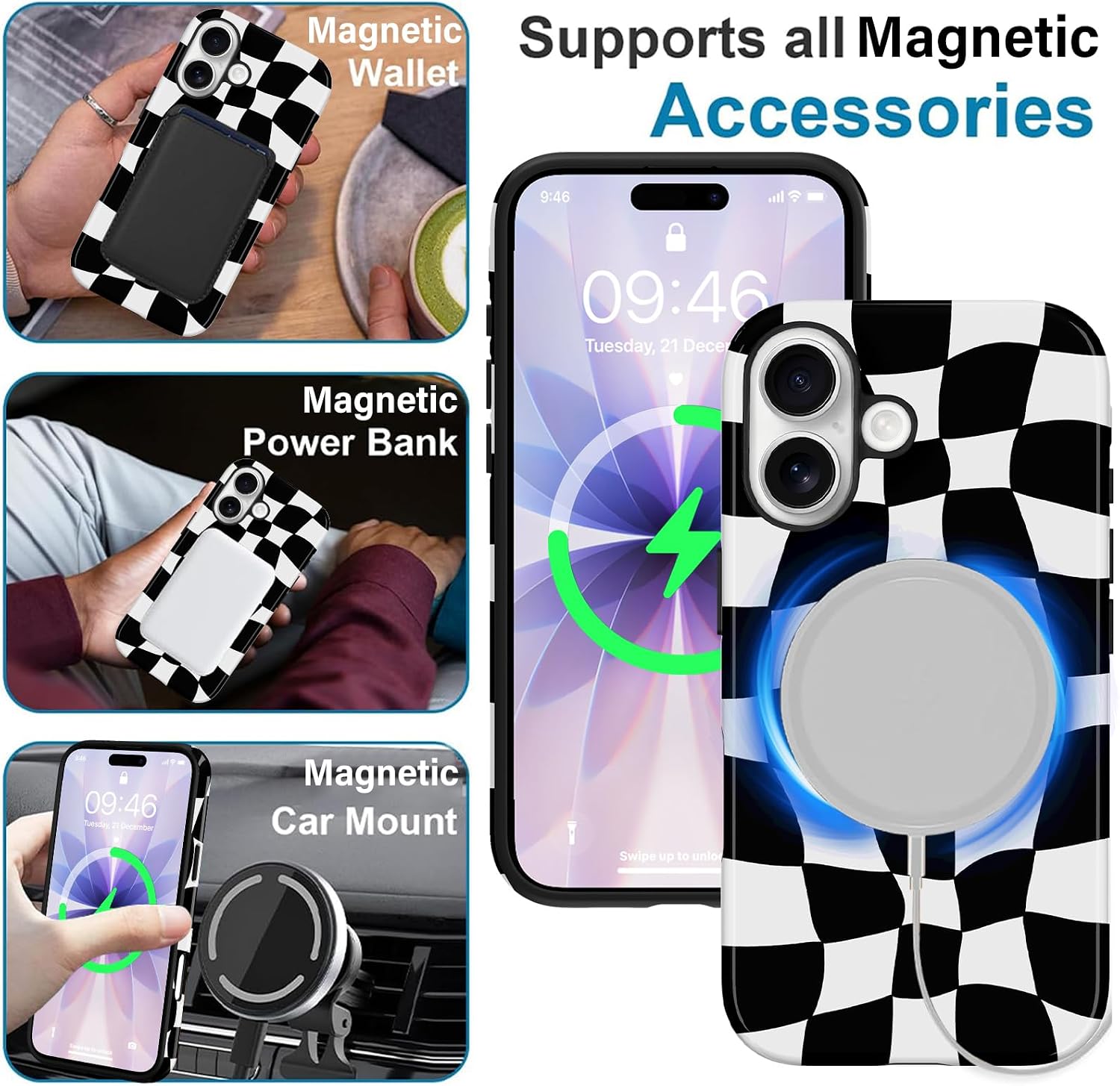 MZELQ Magnetic for iPhone 17 Case 6.3 Inch, Black White Checkerboard Checkered Grid Pattern [Compatible with Magsafe] 2 in 1 Glossy Shockproof Protection Hard Phone Cover for Women Men