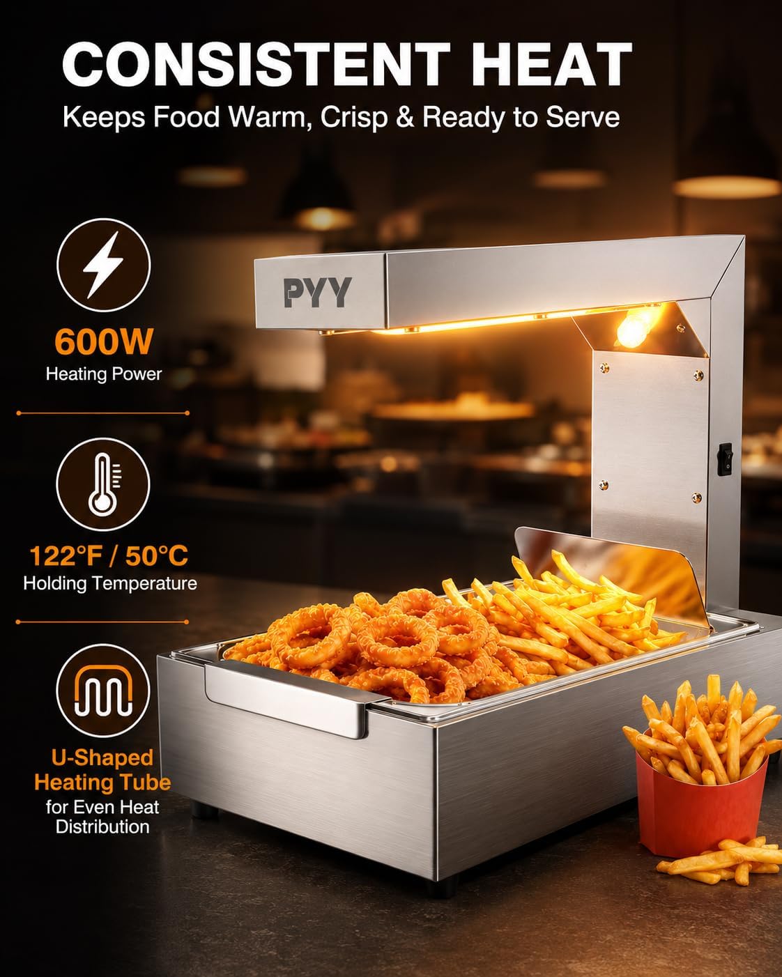 PYY French Fry Warmer - Commercial Food Heat Lamp Food Warmer Light 122°F Free-Standing Warming Fry Dump Station Countertop Fries Warmer Commercial Food Warmer for Chips Churros Buffet Restaurant