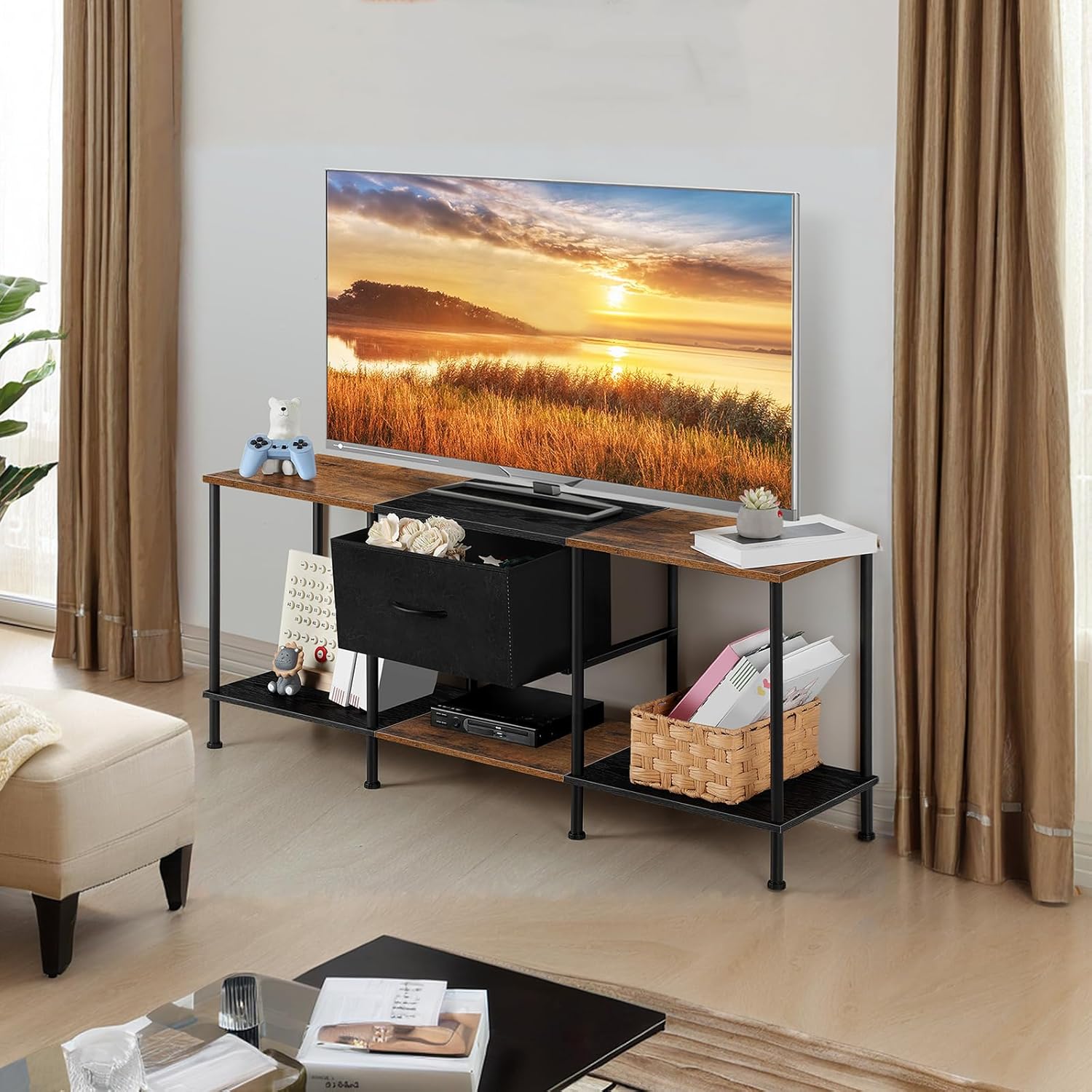 Vrisa TV Stand for 50/55 inch Television TV Cabinet with Open Storage TV Stands with Fabric Drawer Storage Organization TV Stands for Living Room Bedroom, Black+Brown - Image 7